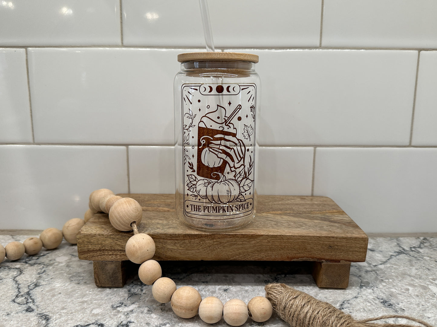 The Pumpkin Spice | Tarot Card Collection | 16oz Can Glass with Bamboo Lid | Clear Glass Drinkware