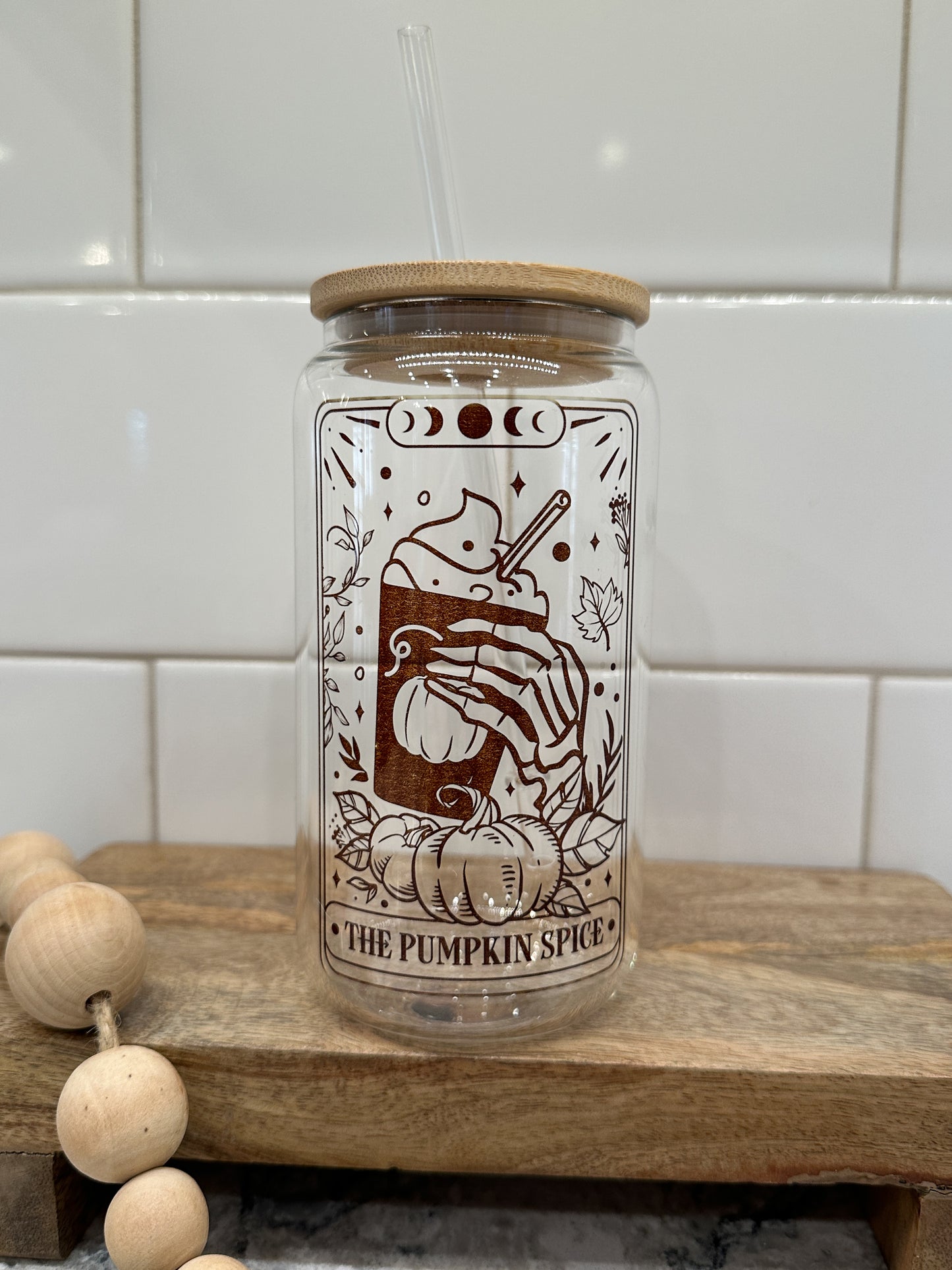 The Pumpkin Spice | Tarot Card Collection | 16oz Can Glass with Bamboo Lid | Clear Glass Drinkware
