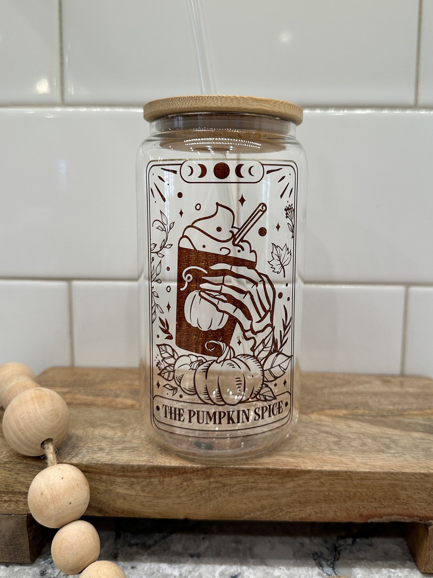 The Pumpkin Spice | Tarot Card Collection | 16oz Can Glass with Bamboo Lid | Clear Glass Drinkware