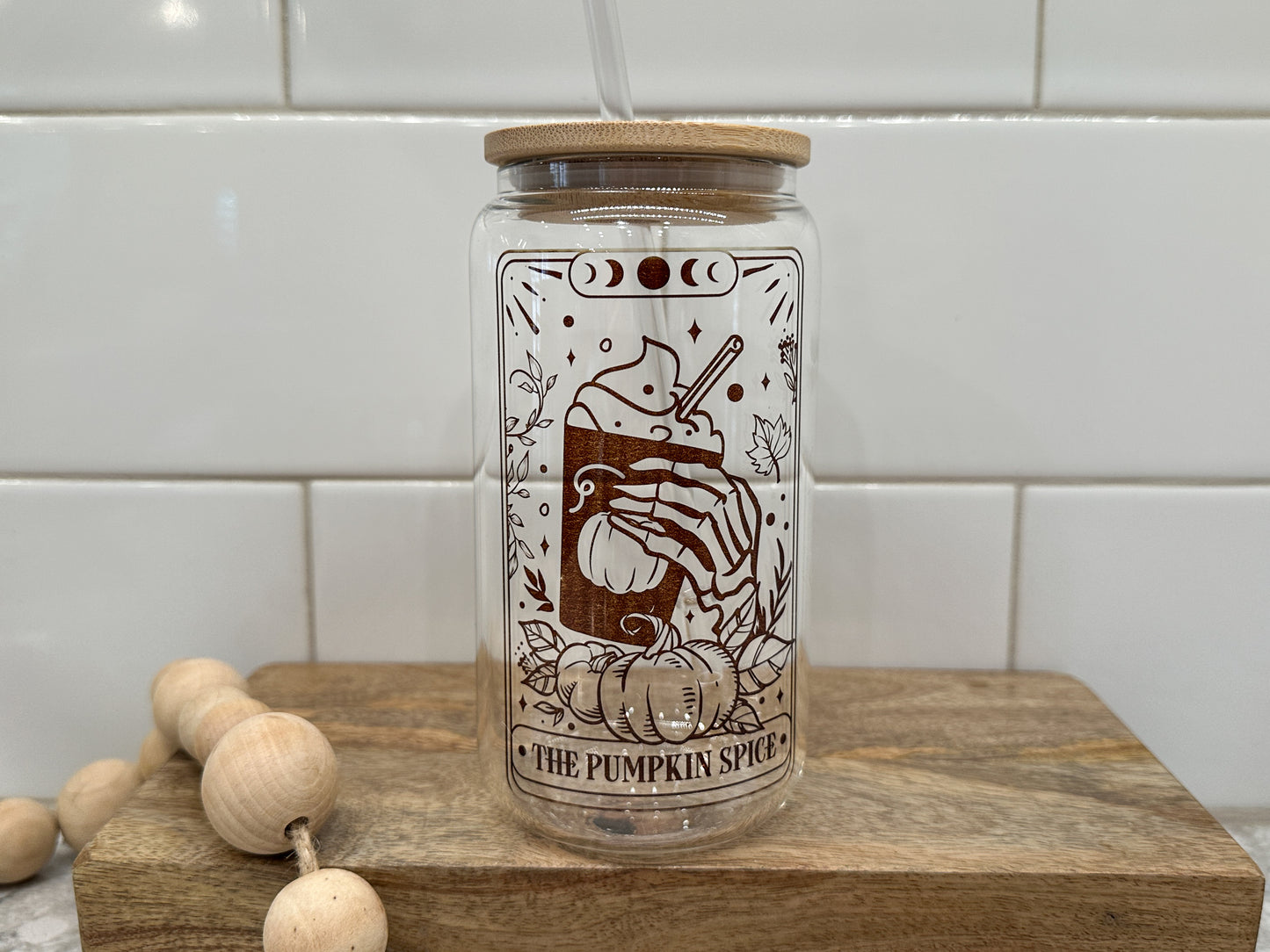 The Pumpkin Spice | Tarot Card Collection | 16oz Can Glass with Bamboo Lid | Clear Glass Drinkware