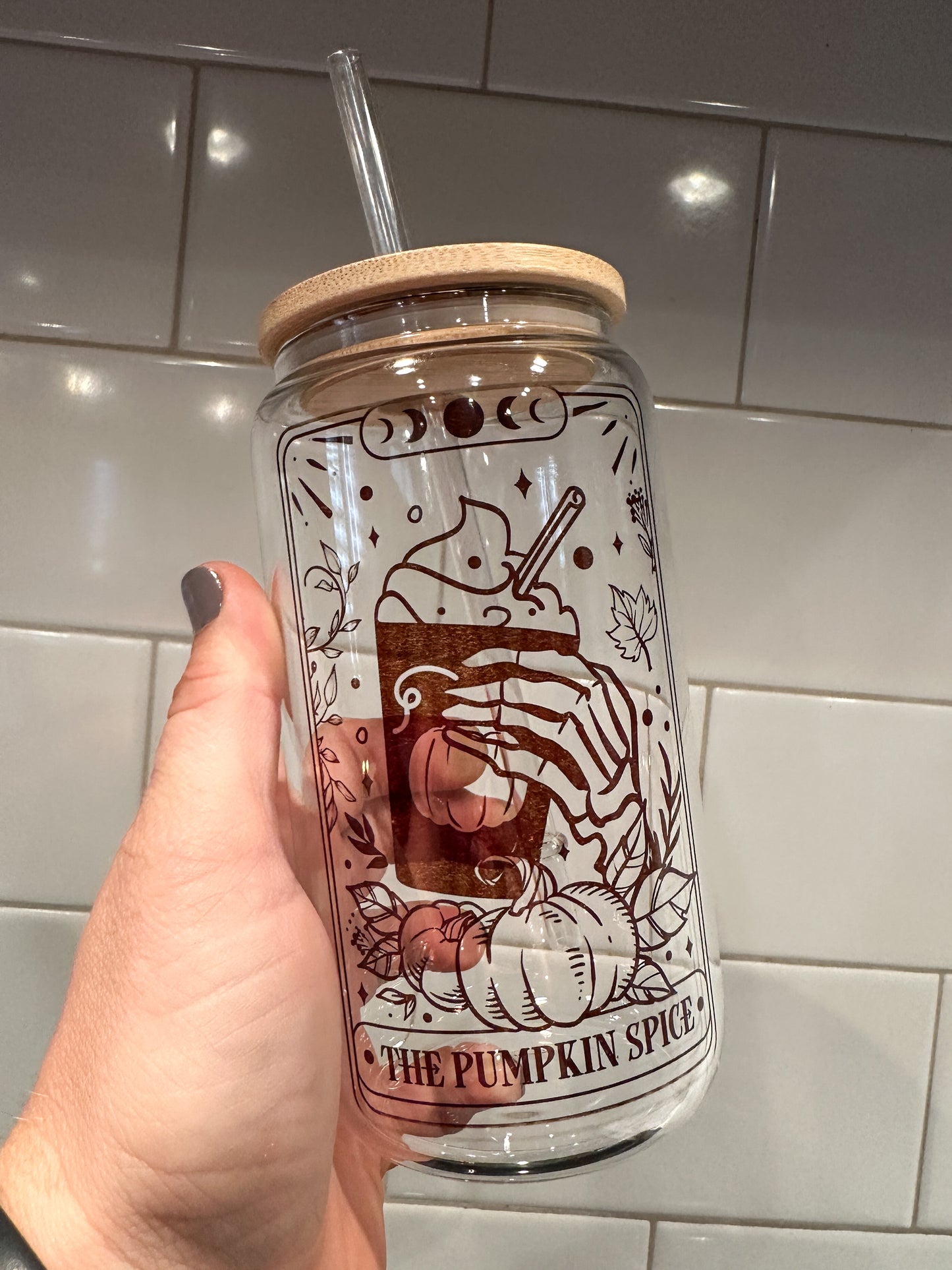 The Pumpkin Spice | Tarot Card Collection | 16oz Can Glass with Bamboo Lid | Clear Glass Drinkware