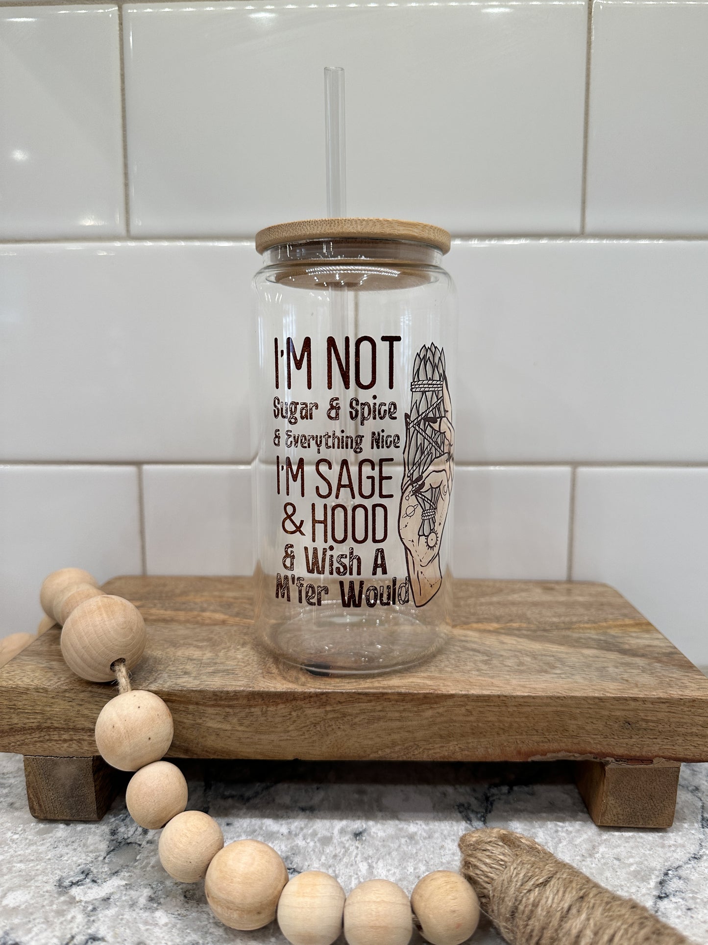 Sage & Hood | 16oz Can Glass with Bamboo Lid | Clear Glass Drinkware | Iced Coffee Lover