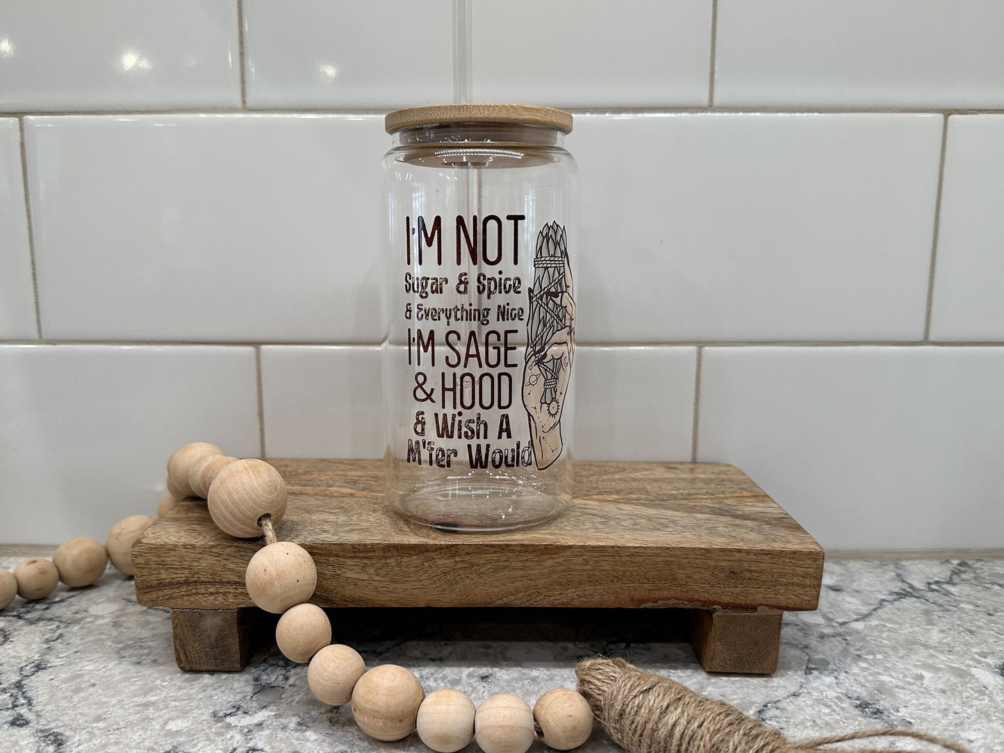 Sage & Hood | 16oz Can Glass with Bamboo Lid | Clear Glass Drinkware | Iced Coffee Lover