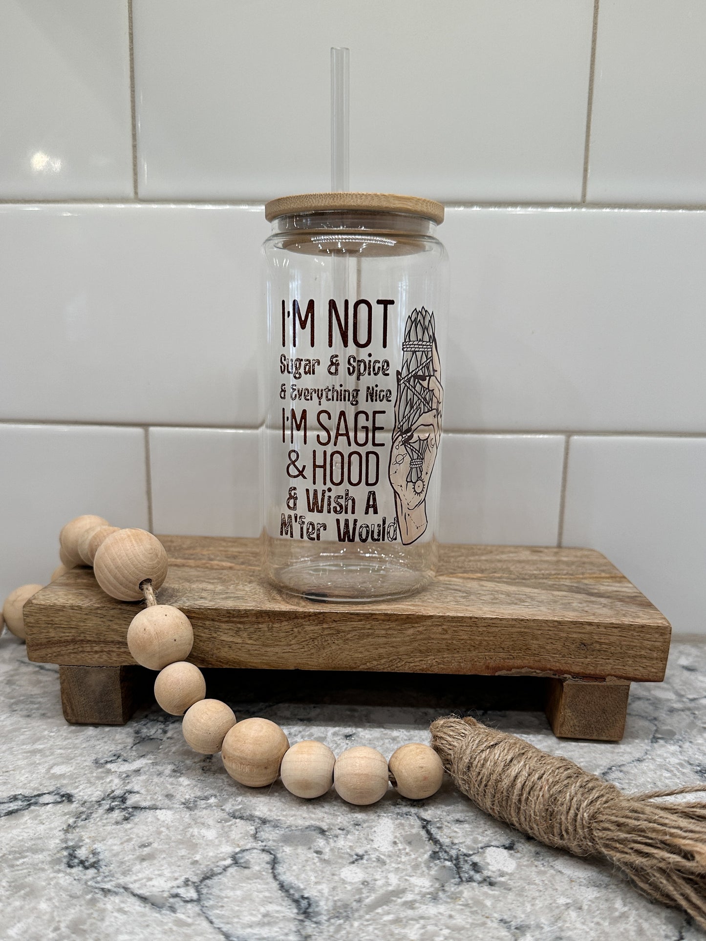 Sage & Hood | 16oz Can Glass with Bamboo Lid | Clear Glass Drinkware | Iced Coffee Lover