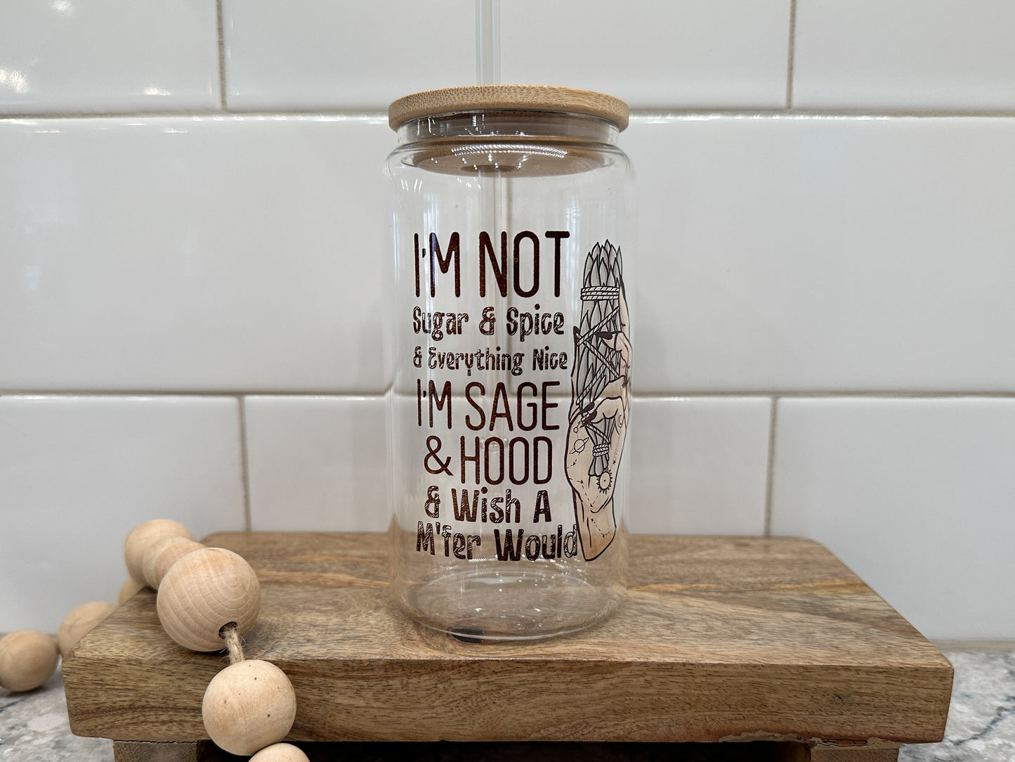 Sage & Hood | 16oz Can Glass with Bamboo Lid | Clear Glass Drinkware | Iced Coffee Lover