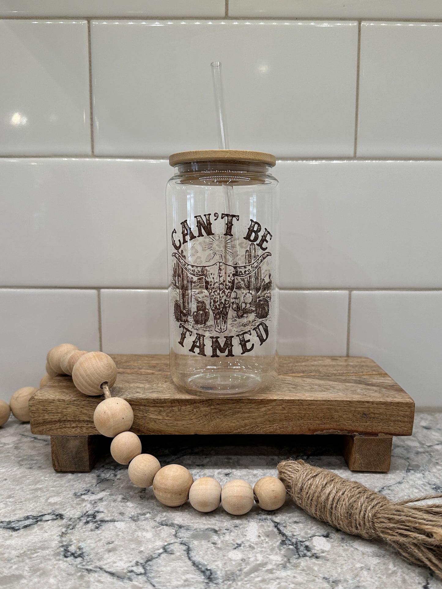 Can't Be Tamed | Western | 16oz Can Glass with Bamboo Lid | Clear Glass Drinkware | Iced Coffee Lover