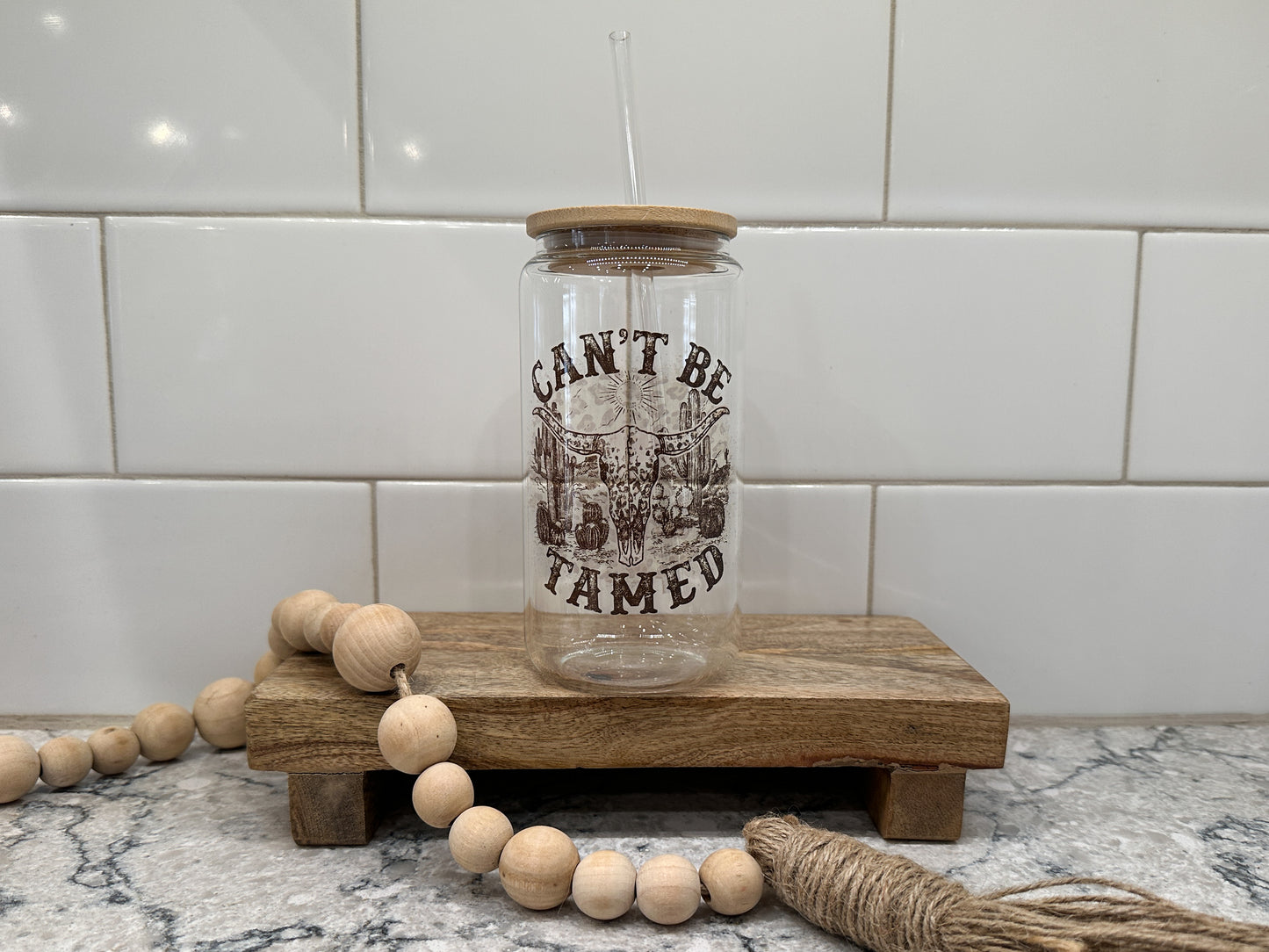 Can't Be Tamed | Western | 16oz Can Glass with Bamboo Lid | Clear Glass Drinkware | Iced Coffee Lover
