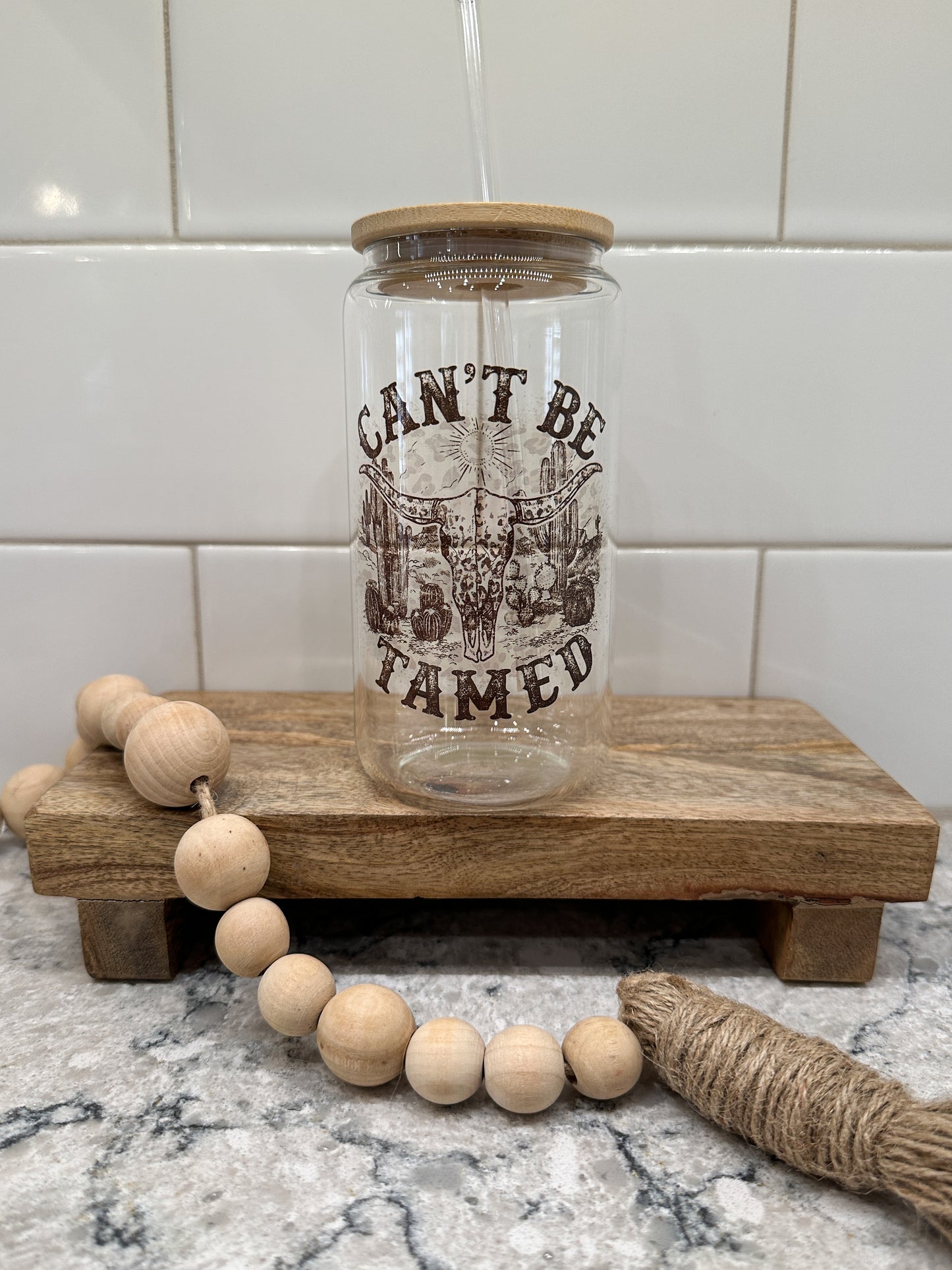 Can't Be Tamed | Western | 16oz Can Glass with Bamboo Lid | Clear Glass Drinkware | Iced Coffee Lover