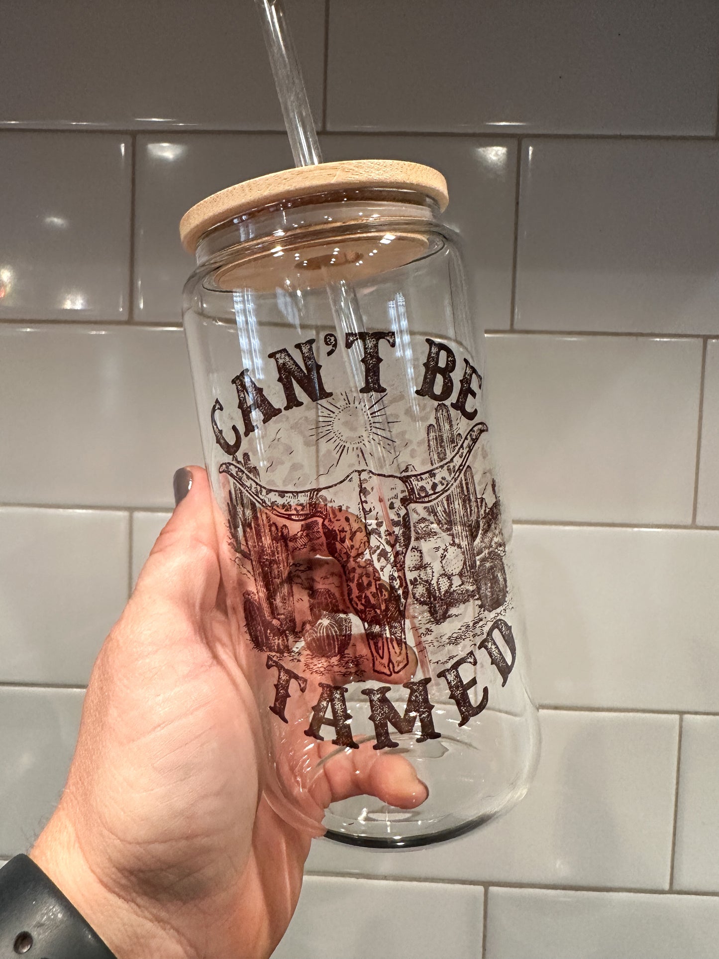Can't Be Tamed | Western | 16oz Can Glass with Bamboo Lid | Clear Glass Drinkware | Iced Coffee Lover