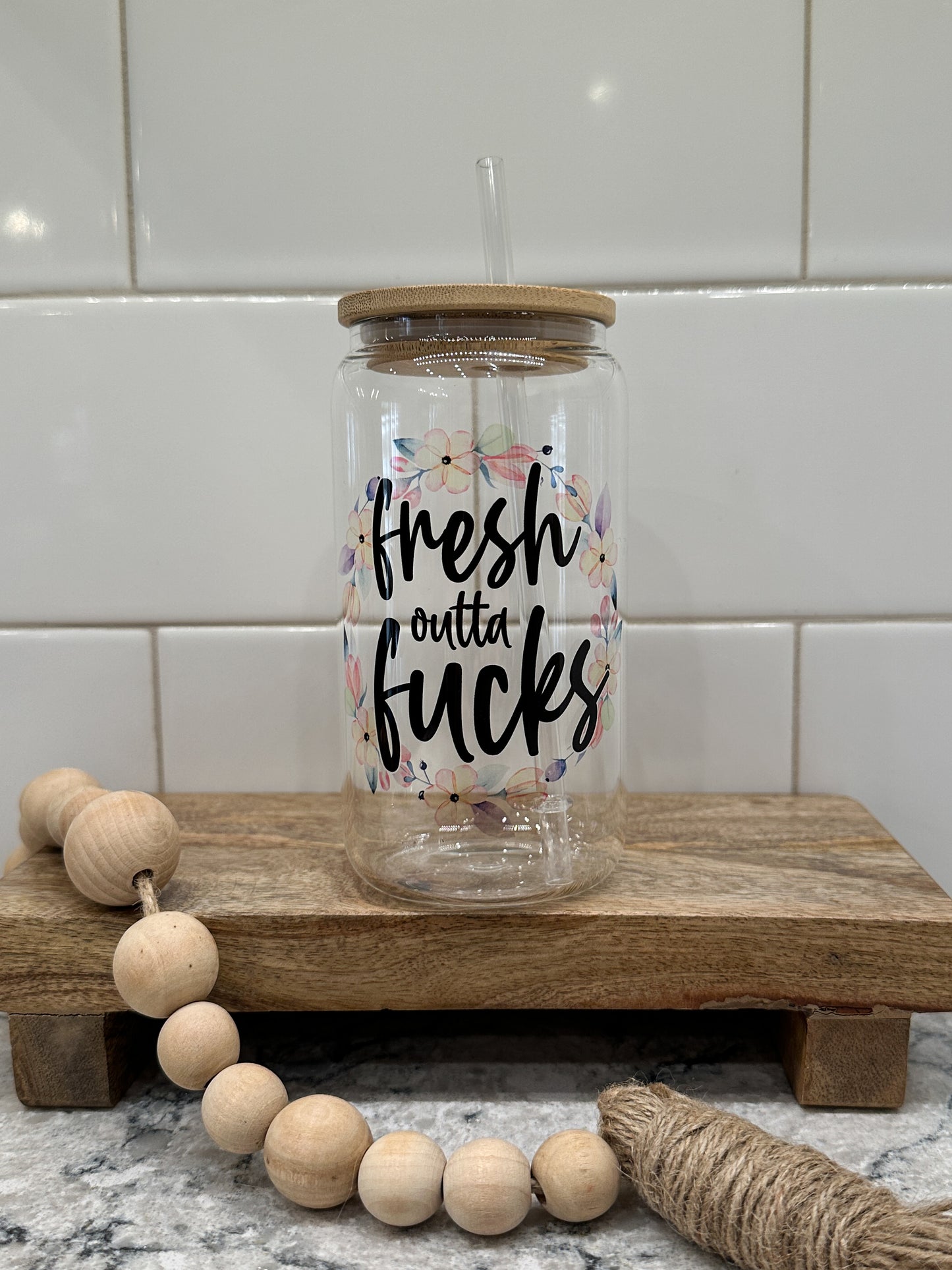 Fresh out of F*cks | 16oz Can Glass with Bamboo Lid | Clear Glass Drinkware | Iced Coffee Lover