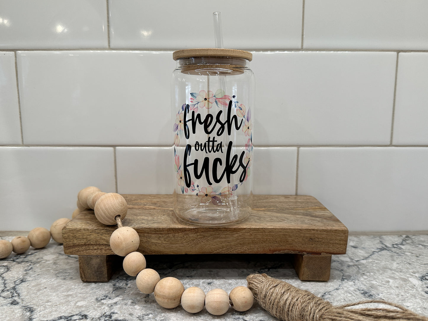 Fresh out of F*cks | 16oz Can Glass with Bamboo Lid | Clear Glass Drinkware | Iced Coffee Lover