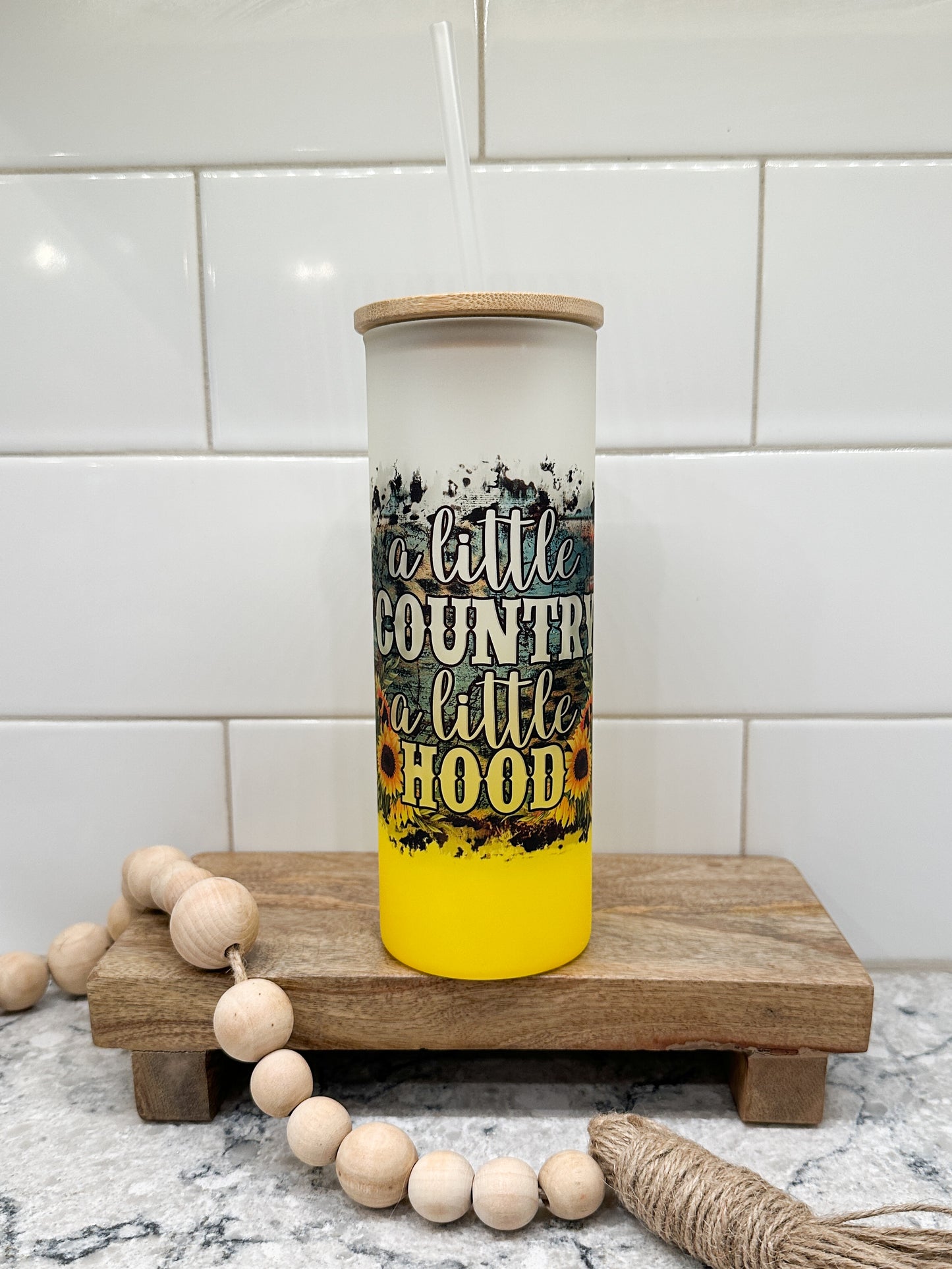 A Little Country A Little Hood | 25 oz Glass Tumbler with Bamboo Lid | Frosted Yellow Glass | Iced Coffee Lover