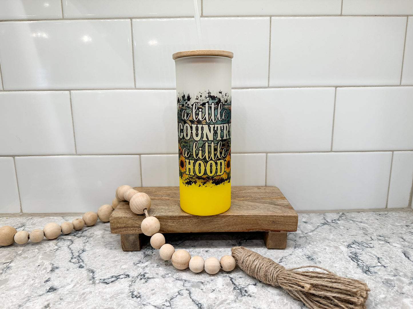 A Little Country A Little Hood | 25 oz Glass Tumbler with Bamboo Lid | Frosted Yellow Glass | Iced Coffee Lover