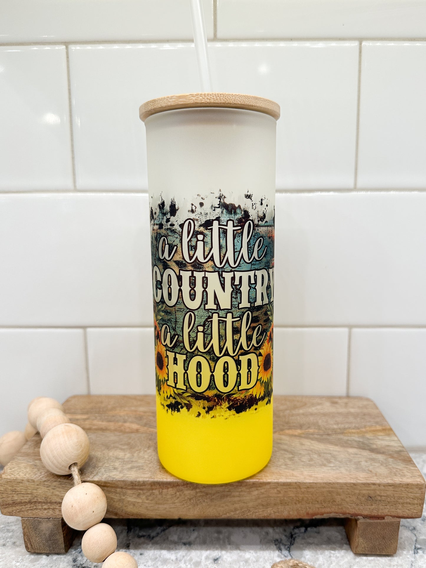 A Little Country A Little Hood | 25 oz Glass Tumbler with Bamboo Lid | Frosted Yellow Glass | Iced Coffee Lover
