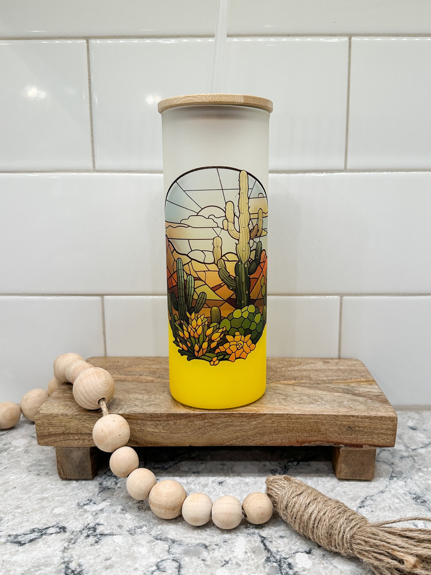 Cactus Sunset Stained Glass | 25 oz Glass Tumbler with Bamboo Lid | Frosted Yellow Glass | Iced Coffee Lover
