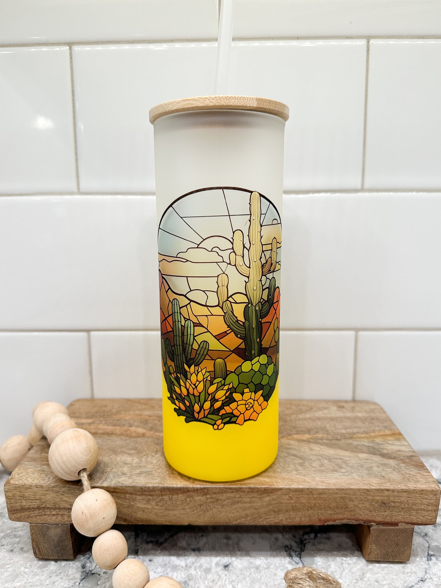 Cactus Sunset Stained Glass | 25 oz Glass Tumbler with Bamboo Lid | Frosted Yellow Glass | Iced Coffee Lover