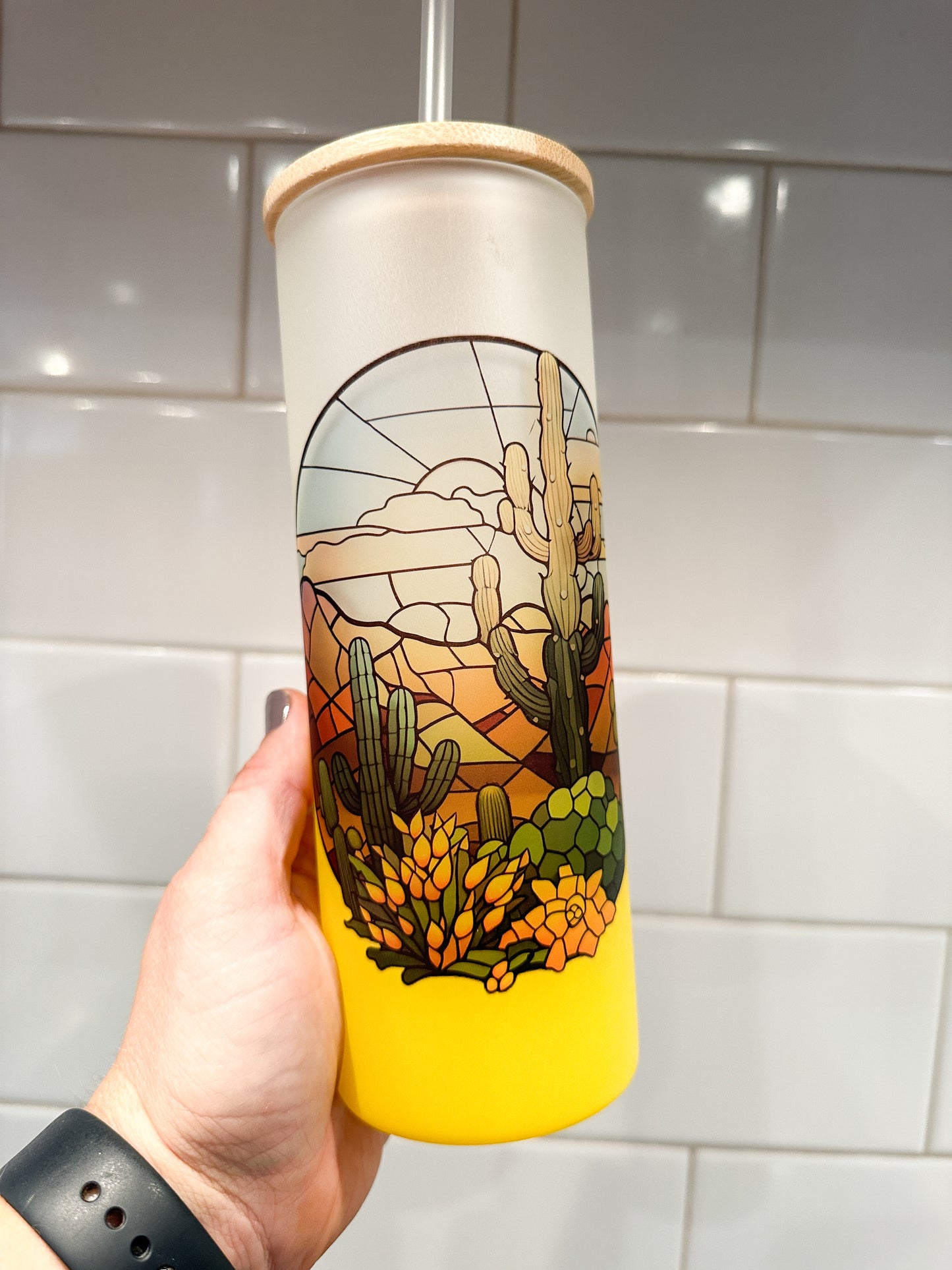 Cactus Sunset Stained Glass | 25 oz Glass Tumbler with Bamboo Lid | Frosted Yellow Glass | Iced Coffee Lover