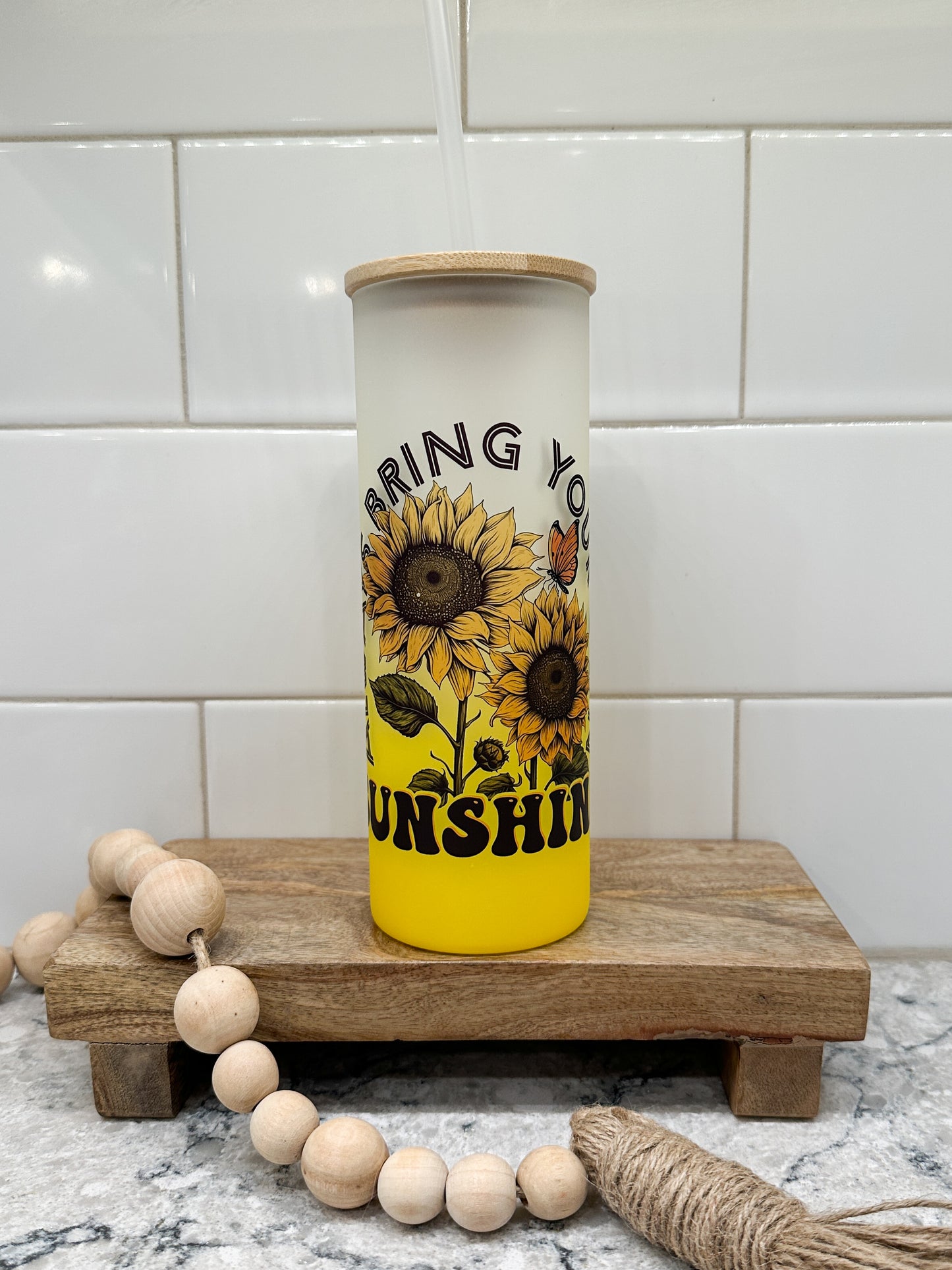 Bring Your Own Sunshine | Sunflowers | 25 oz Glass Tumbler with Bamboo Lid | Frosted Yellow Glass | Iced Coffee Lover