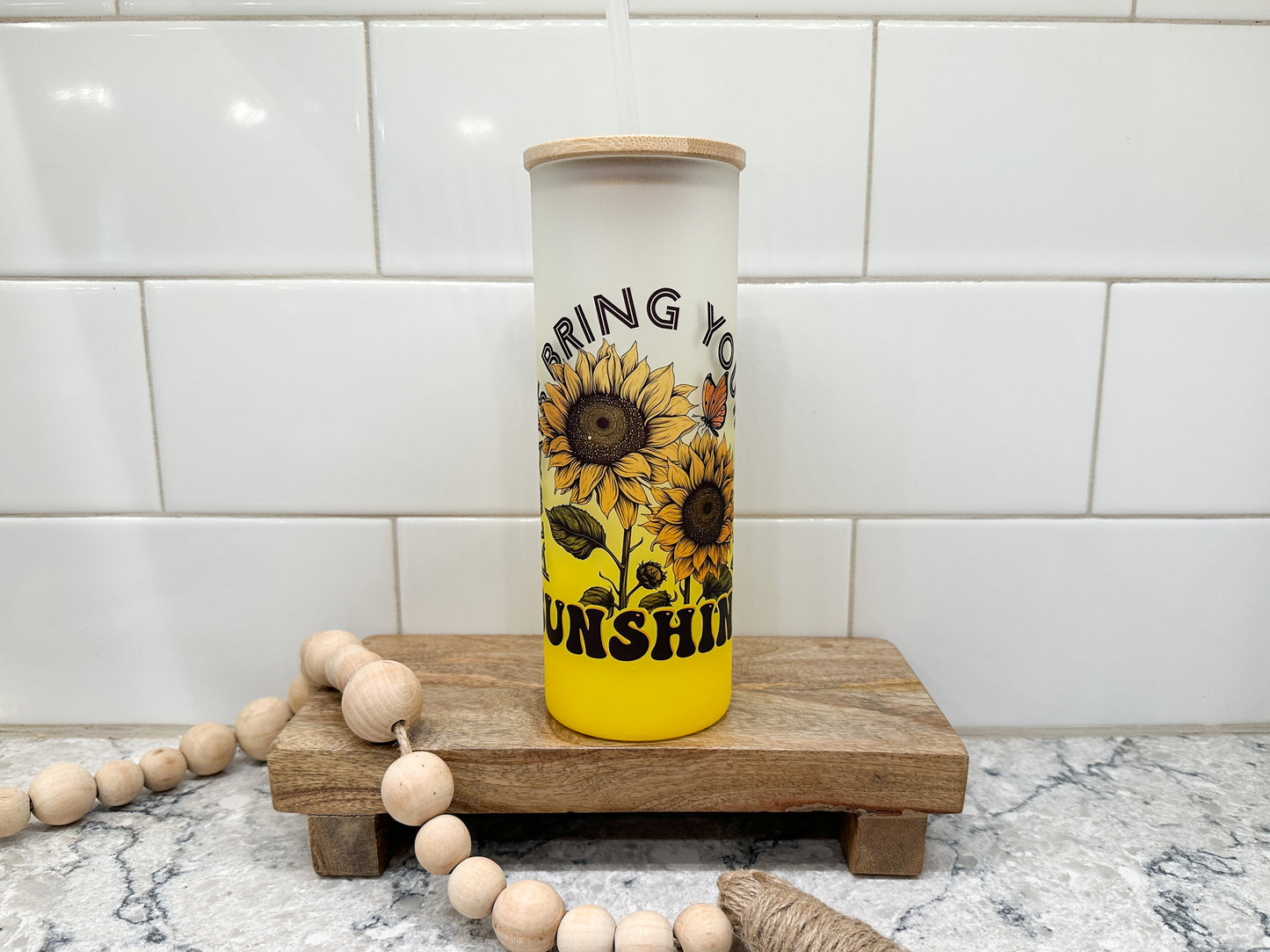 Bring Your Own Sunshine | Sunflowers | 25 oz Glass Tumbler with Bamboo Lid | Frosted Yellow Glass | Iced Coffee Lover