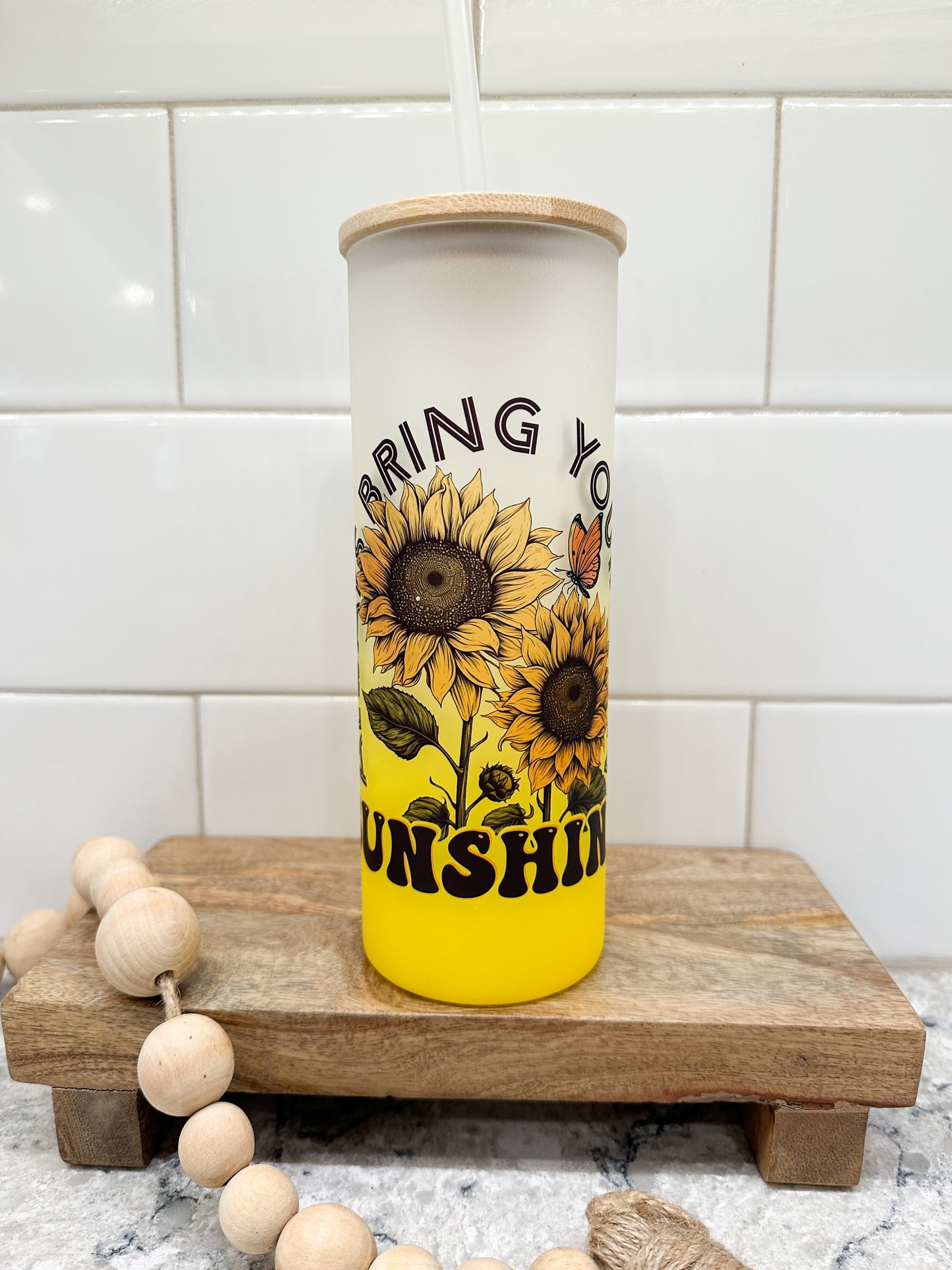 Bring Your Own Sunshine | Sunflowers | 25 oz Glass Tumbler with Bamboo Lid | Frosted Yellow Glass | Iced Coffee Lover