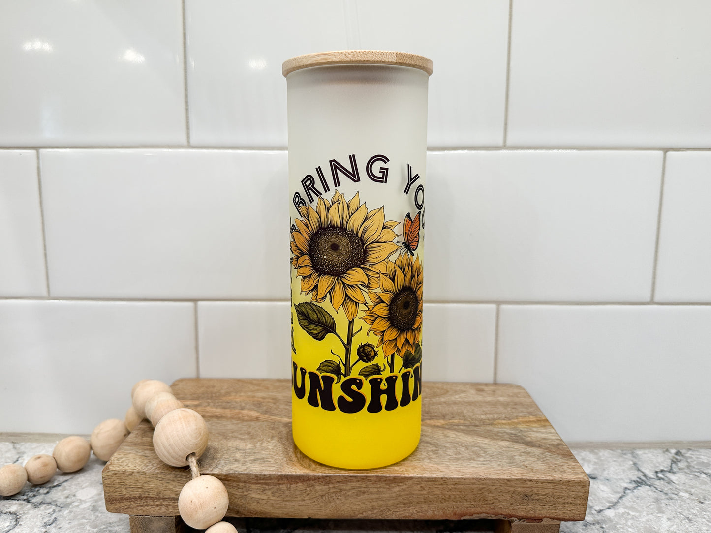 Bring Your Own Sunshine | Sunflowers | 25 oz Glass Tumbler with Bamboo Lid | Frosted Yellow Glass | Iced Coffee Lover