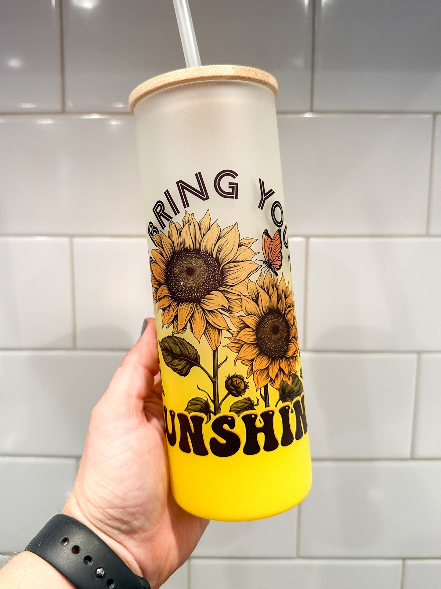 Bring Your Own Sunshine | Sunflowers | 25 oz Glass Tumbler with Bamboo Lid | Frosted Yellow Glass | Iced Coffee Lover