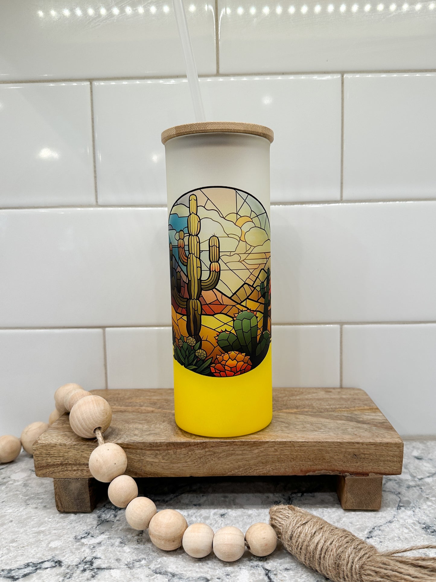 Cactus Sunset Stained Glass | 25 oz Glass Tumbler with Bamboo Lid | Frosted Yellow Glass | Iced Coffee Lover