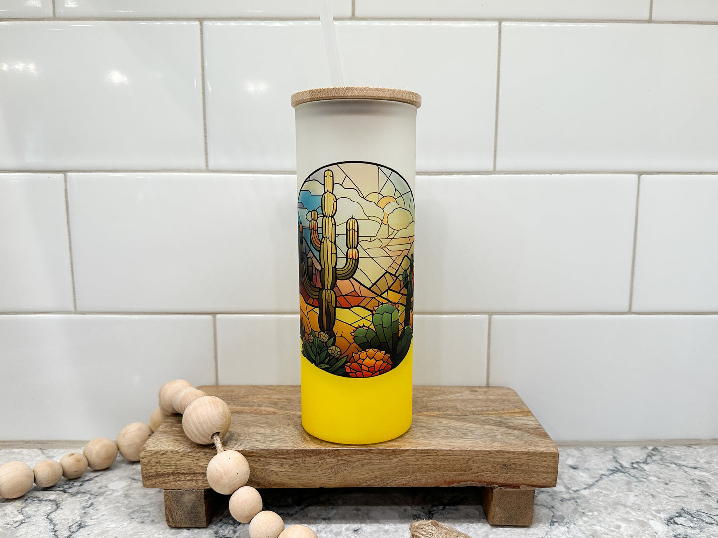 Cactus Sunset Stained Glass | 25 oz Glass Tumbler with Bamboo Lid | Frosted Yellow Glass | Iced Coffee Lover