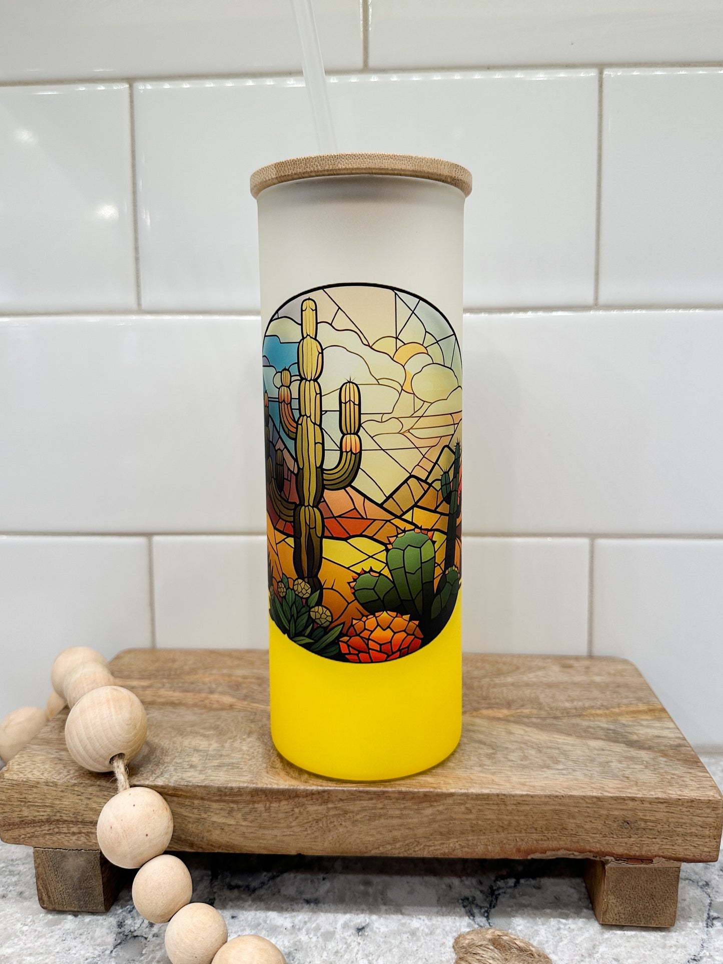 Cactus Sunset Stained Glass | 25 oz Glass Tumbler with Bamboo Lid | Frosted Yellow Glass | Iced Coffee Lover