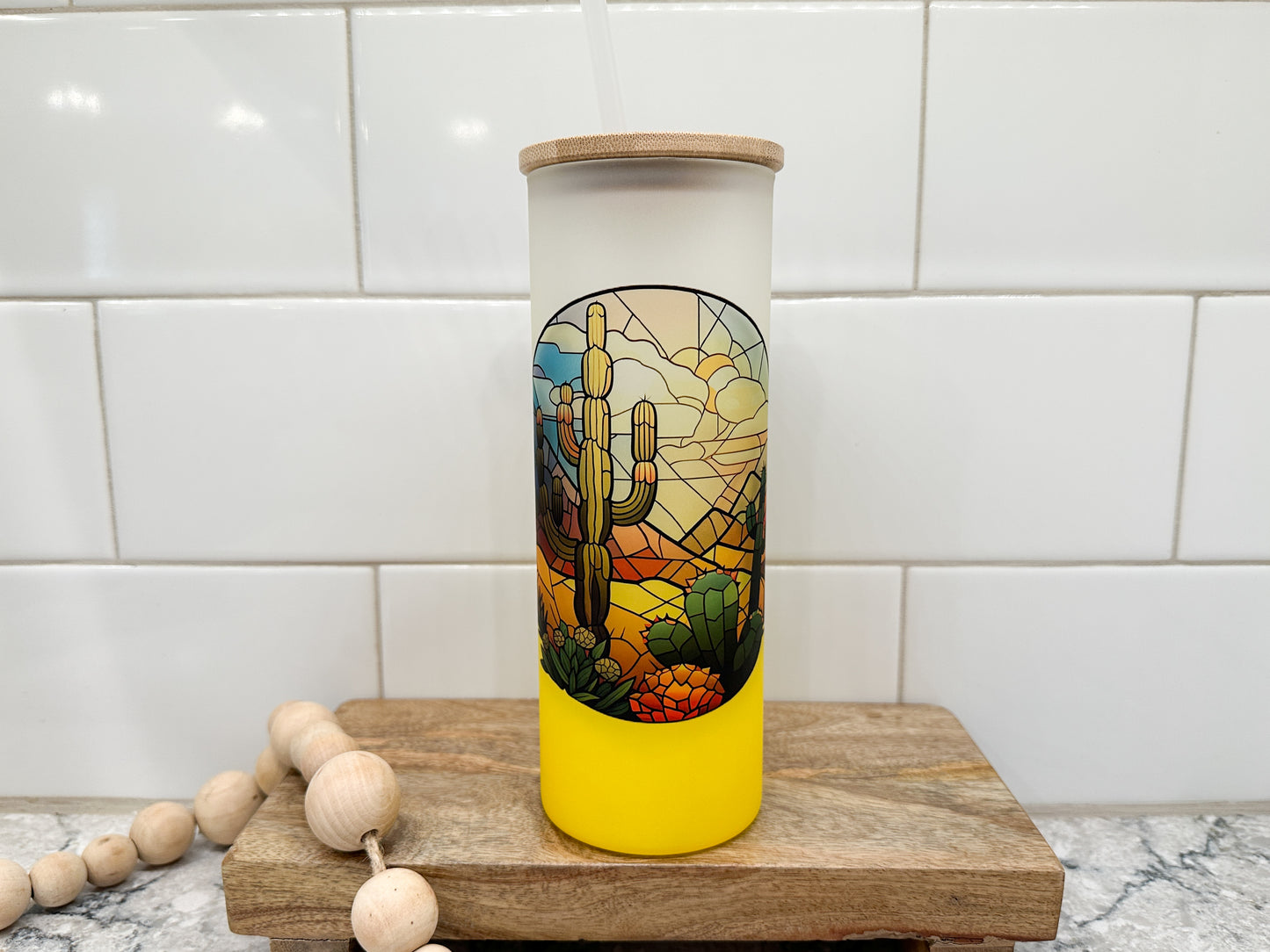 Cactus Sunset Stained Glass | 25 oz Glass Tumbler with Bamboo Lid | Frosted Yellow Glass | Iced Coffee Lover