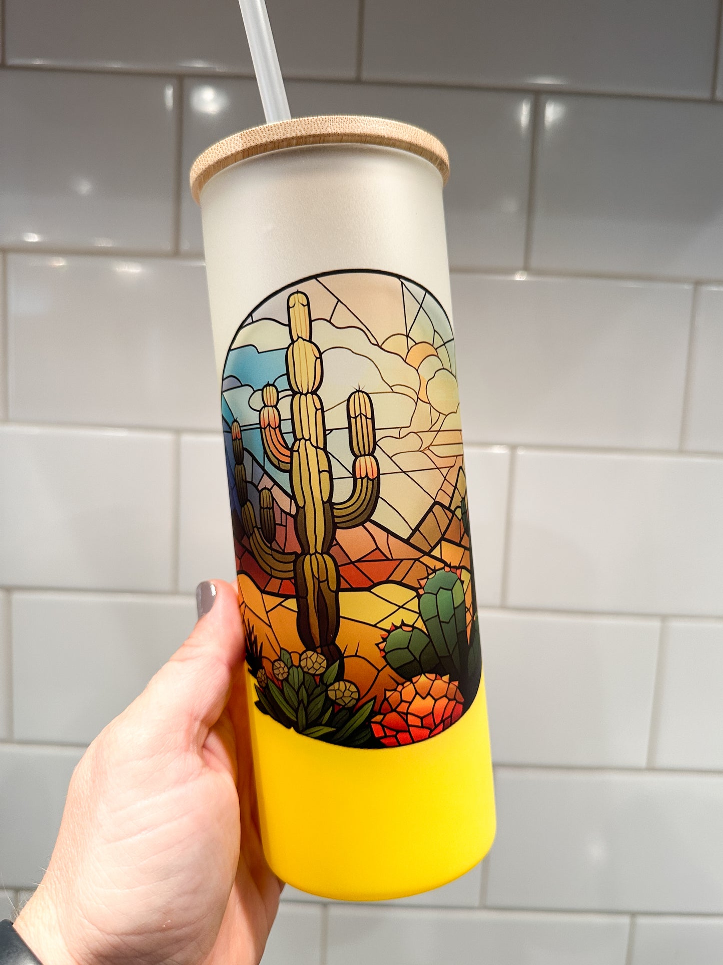 Cactus Sunset Stained Glass | 25 oz Glass Tumbler with Bamboo Lid | Frosted Yellow Glass | Iced Coffee Lover