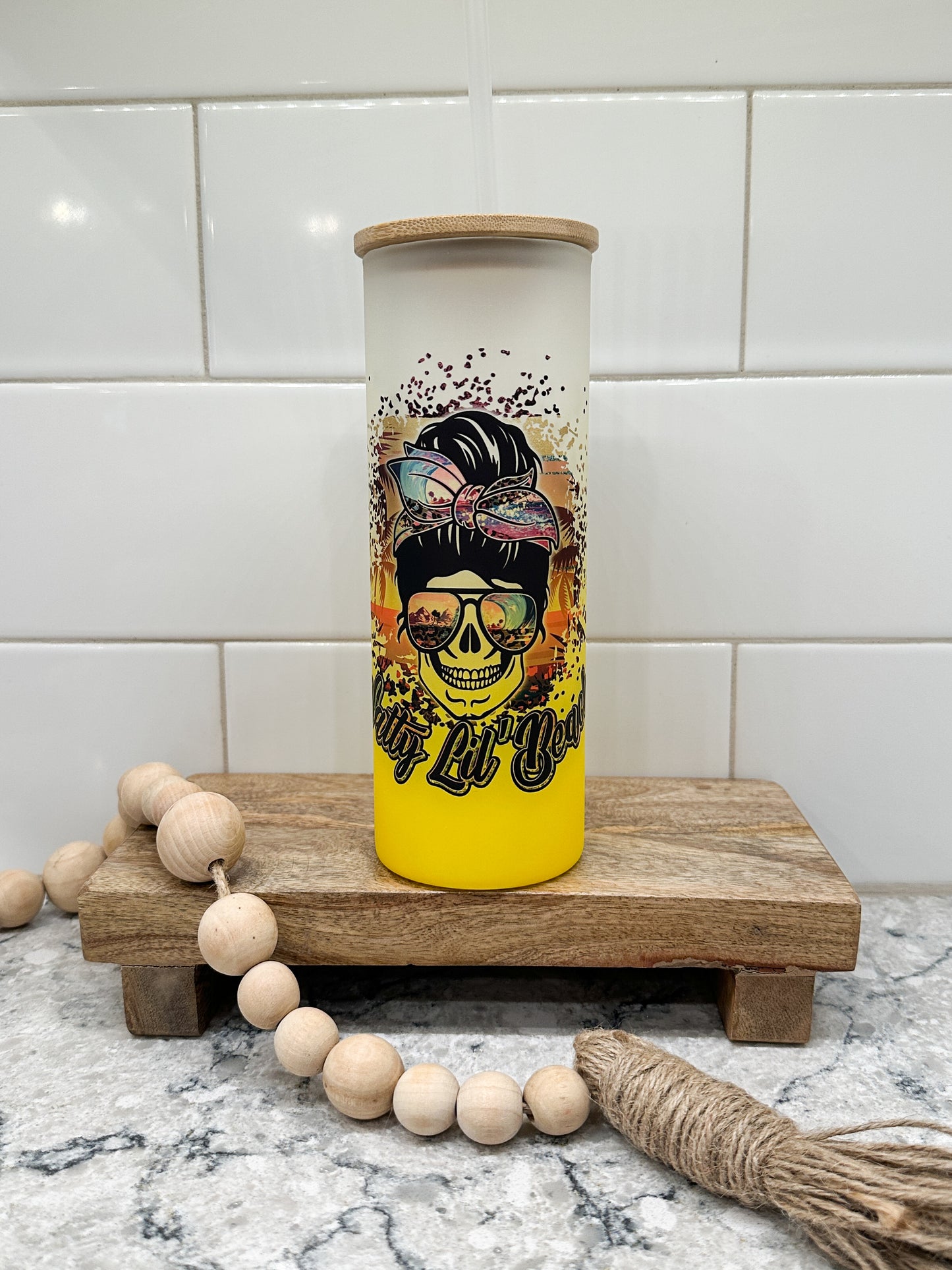 Salty Lil Beach | 25 oz Glass Tumbler with Bamboo Lid | Frosted Yellow Glass | Iced Coffee Lover