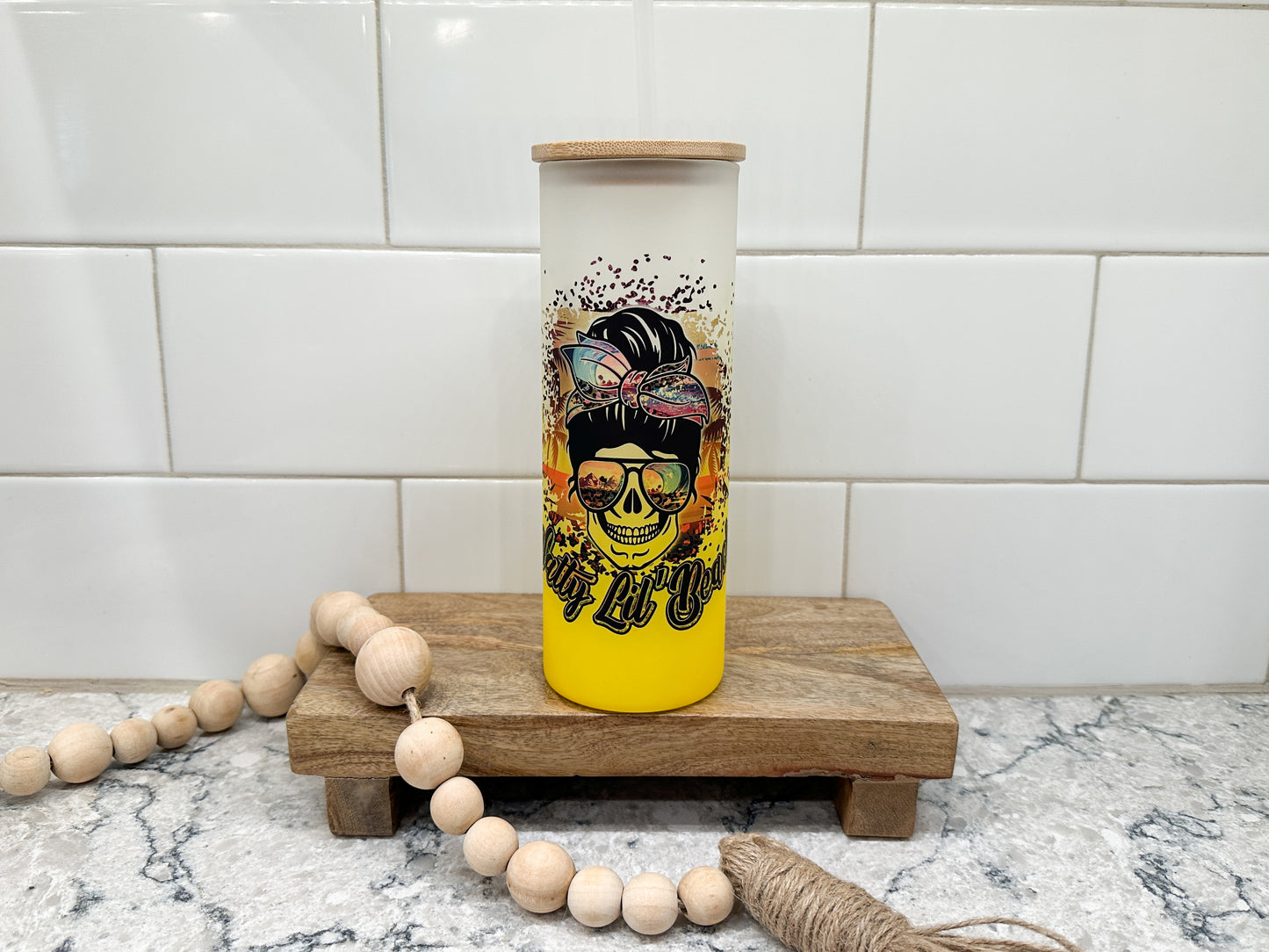 Salty Lil Beach | 25 oz Glass Tumbler with Bamboo Lid | Frosted Yellow Glass | Iced Coffee Lover