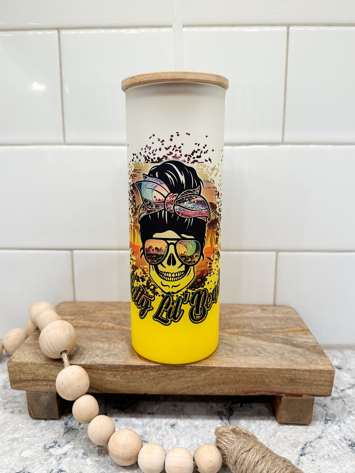 Salty Lil Beach | 25 oz Glass Tumbler with Bamboo Lid | Frosted Yellow Glass | Iced Coffee Lover