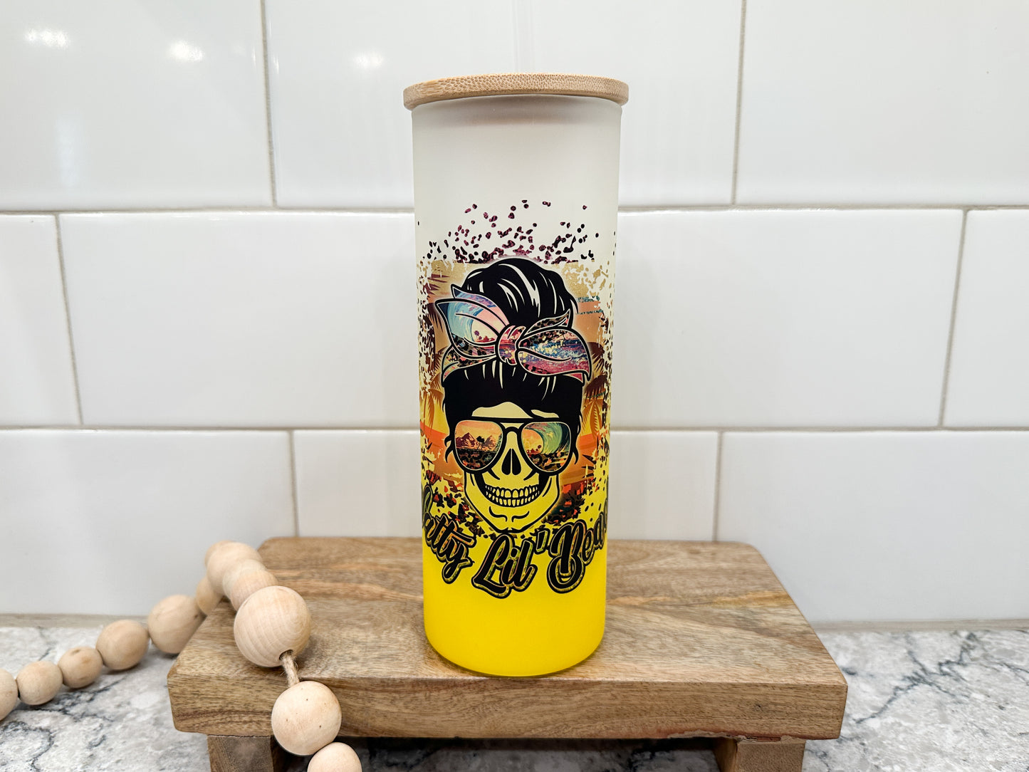 Salty Lil Beach | 25 oz Glass Tumbler with Bamboo Lid | Frosted Yellow Glass | Iced Coffee Lover