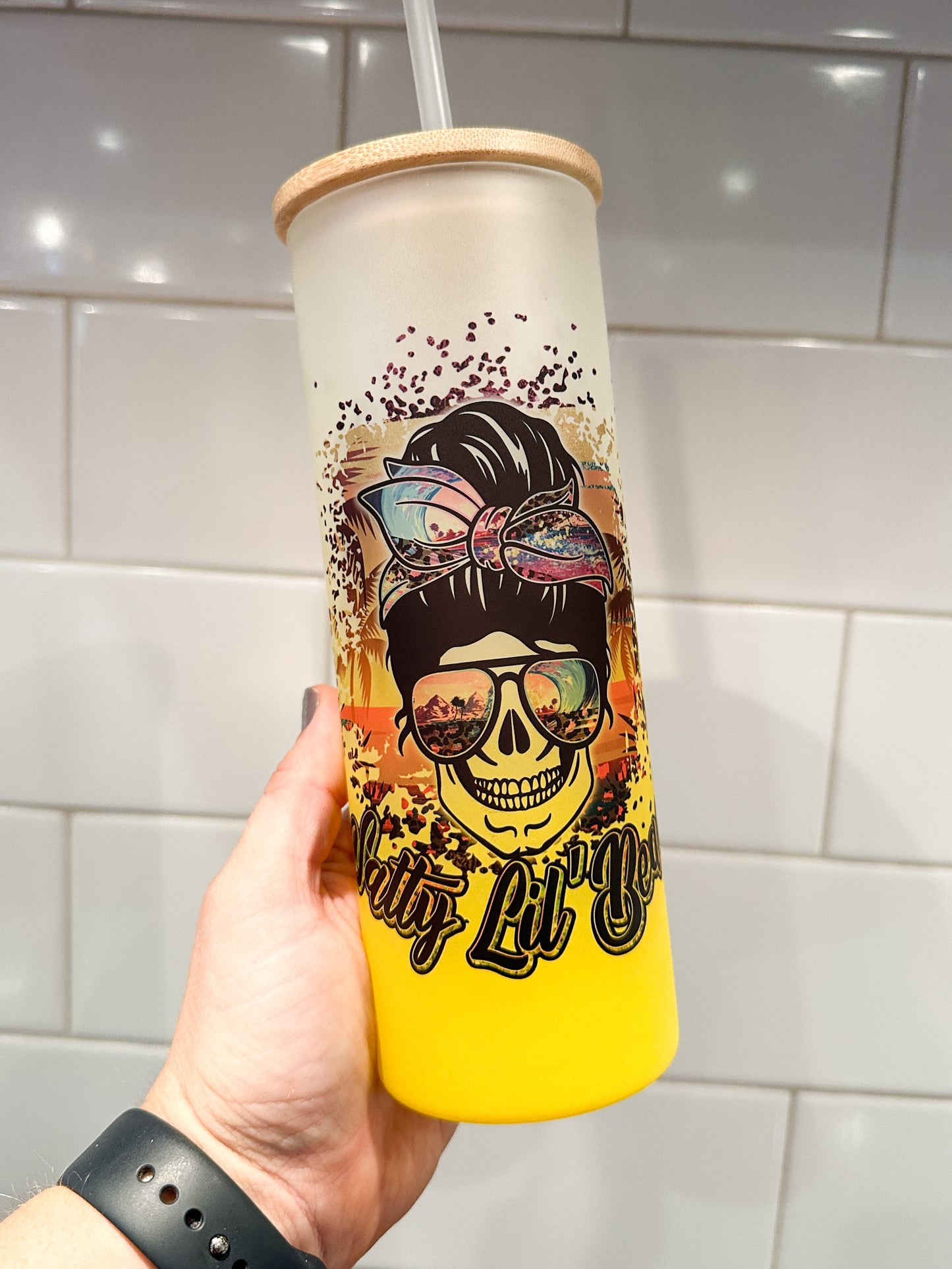 Salty Lil Beach | 25 oz Glass Tumbler with Bamboo Lid | Frosted Yellow Glass | Iced Coffee Lover