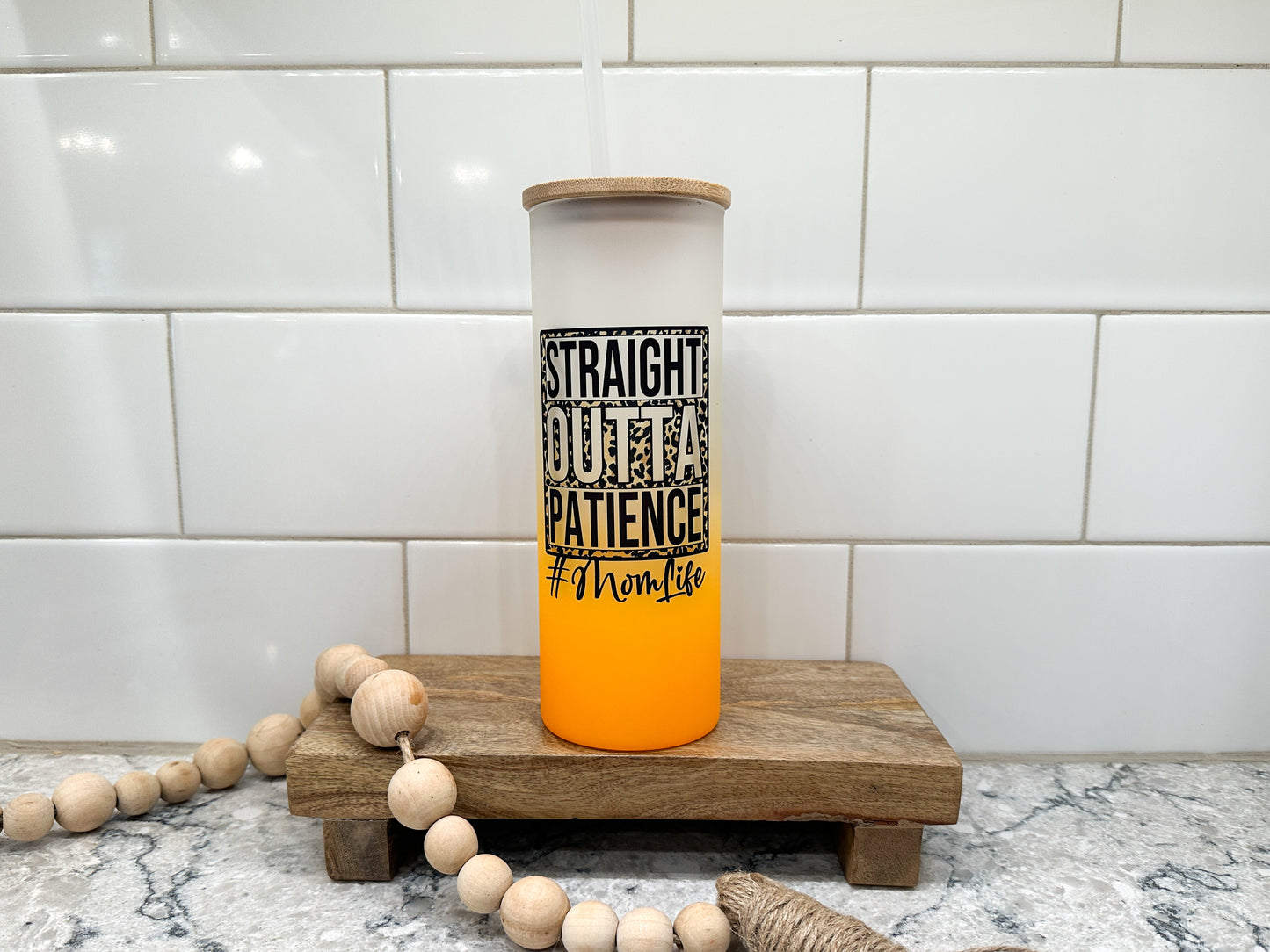 Straight Outta Patience | Mom Life | 25 oz Glass Tumbler with Bamboo Lid | Frosted Orange *B Grade* Glass | Iced Coffee Lover