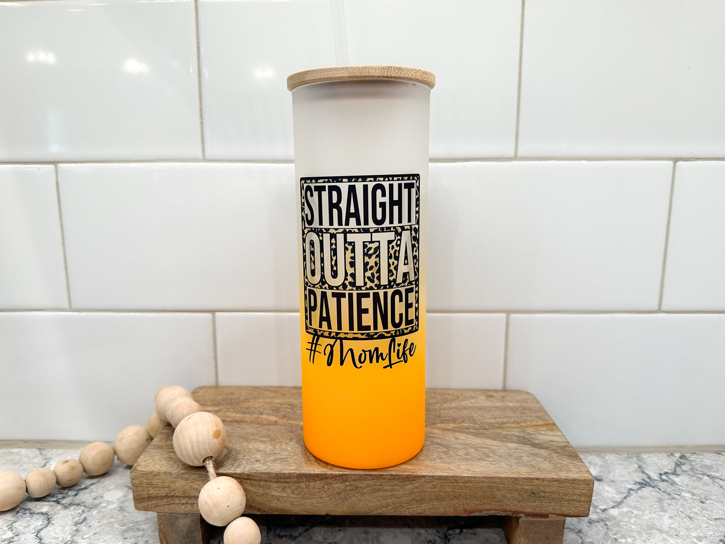Straight Outta Patience | Mom Life | 25 oz Glass Tumbler with Bamboo Lid | Frosted Orange *B Grade* Glass | Iced Coffee Lover