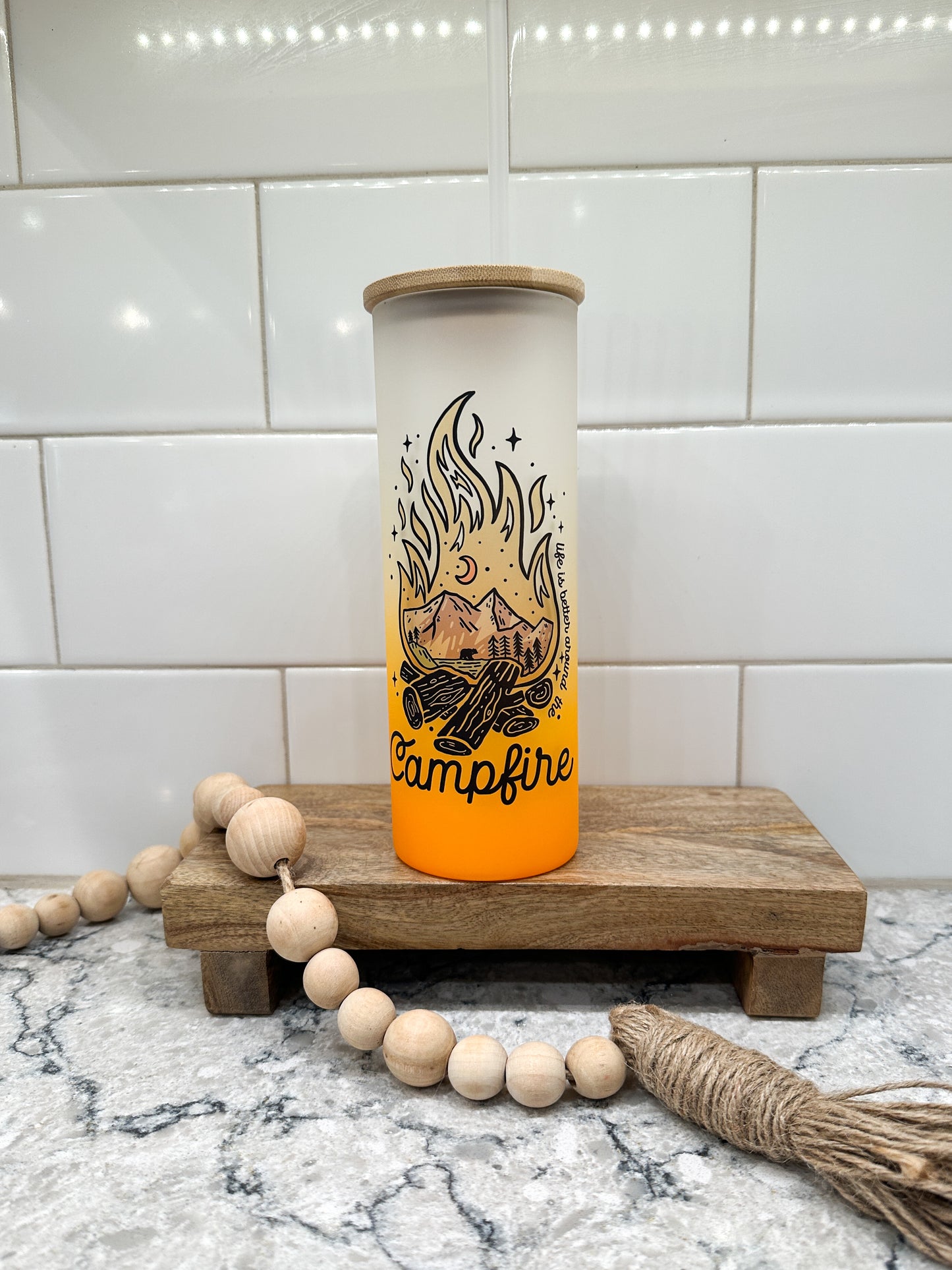 Life is Better Around the Campfire | 25 oz Glass Tumbler with Bamboo Lid | Frosted Orange Glass | Iced Coffee Loverr