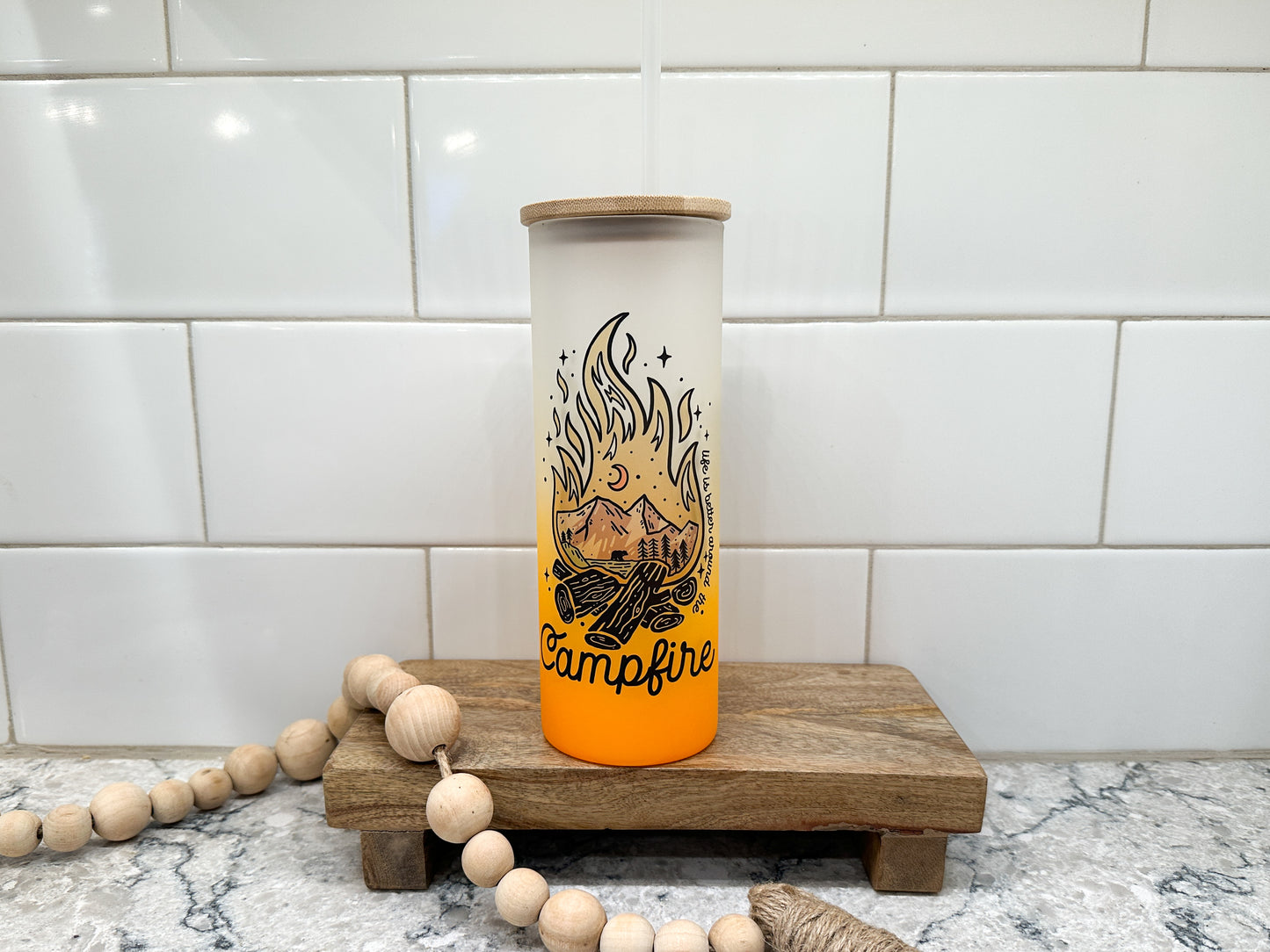 Life is Better Around the Campfire | 25 oz Glass Tumbler with Bamboo Lid | Frosted Orange Glass | Iced Coffee Loverr