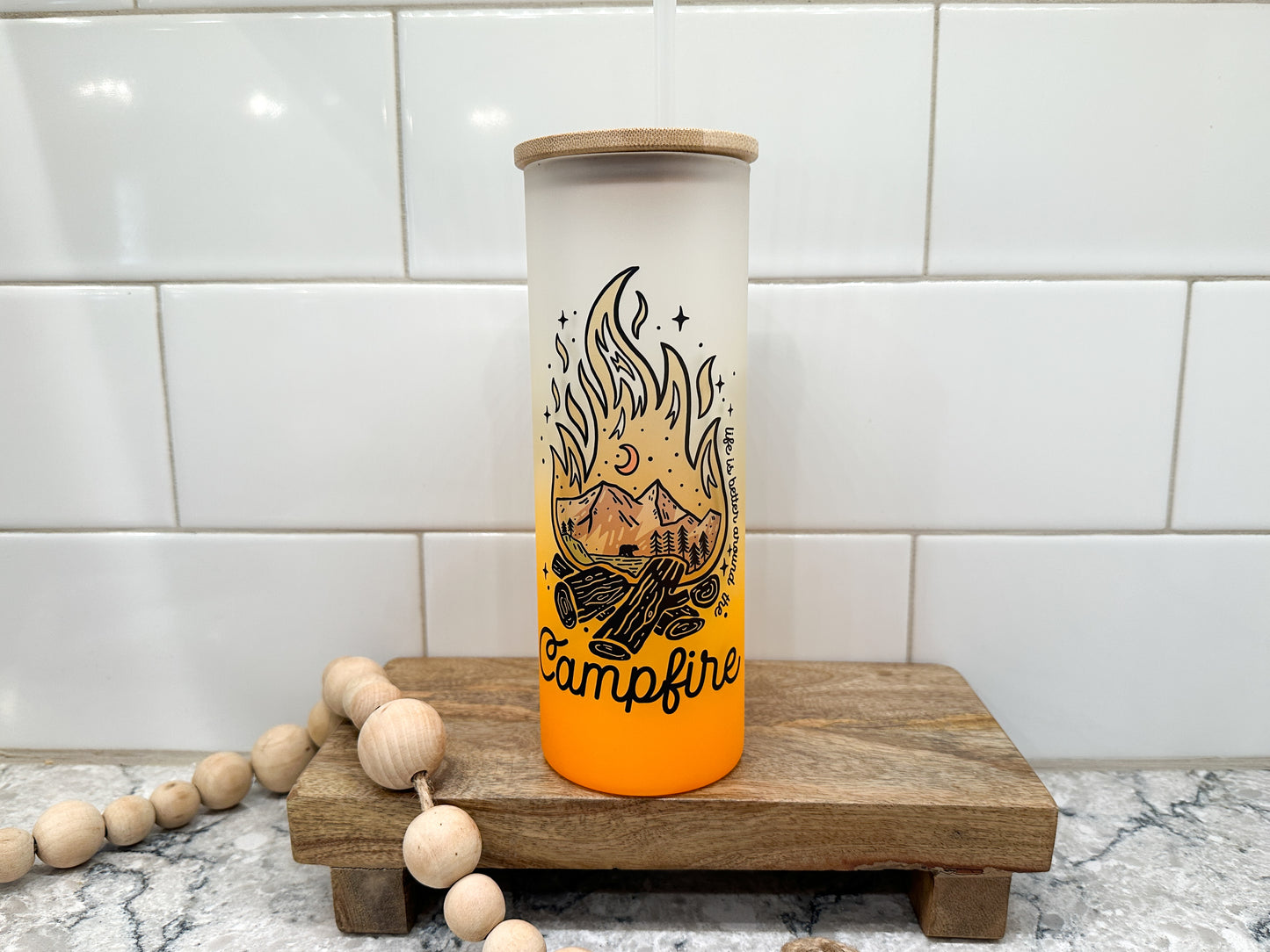 Life is Better Around the Campfire | 25 oz Glass Tumbler with Bamboo Lid | Frosted Orange Glass | Iced Coffee Loverr