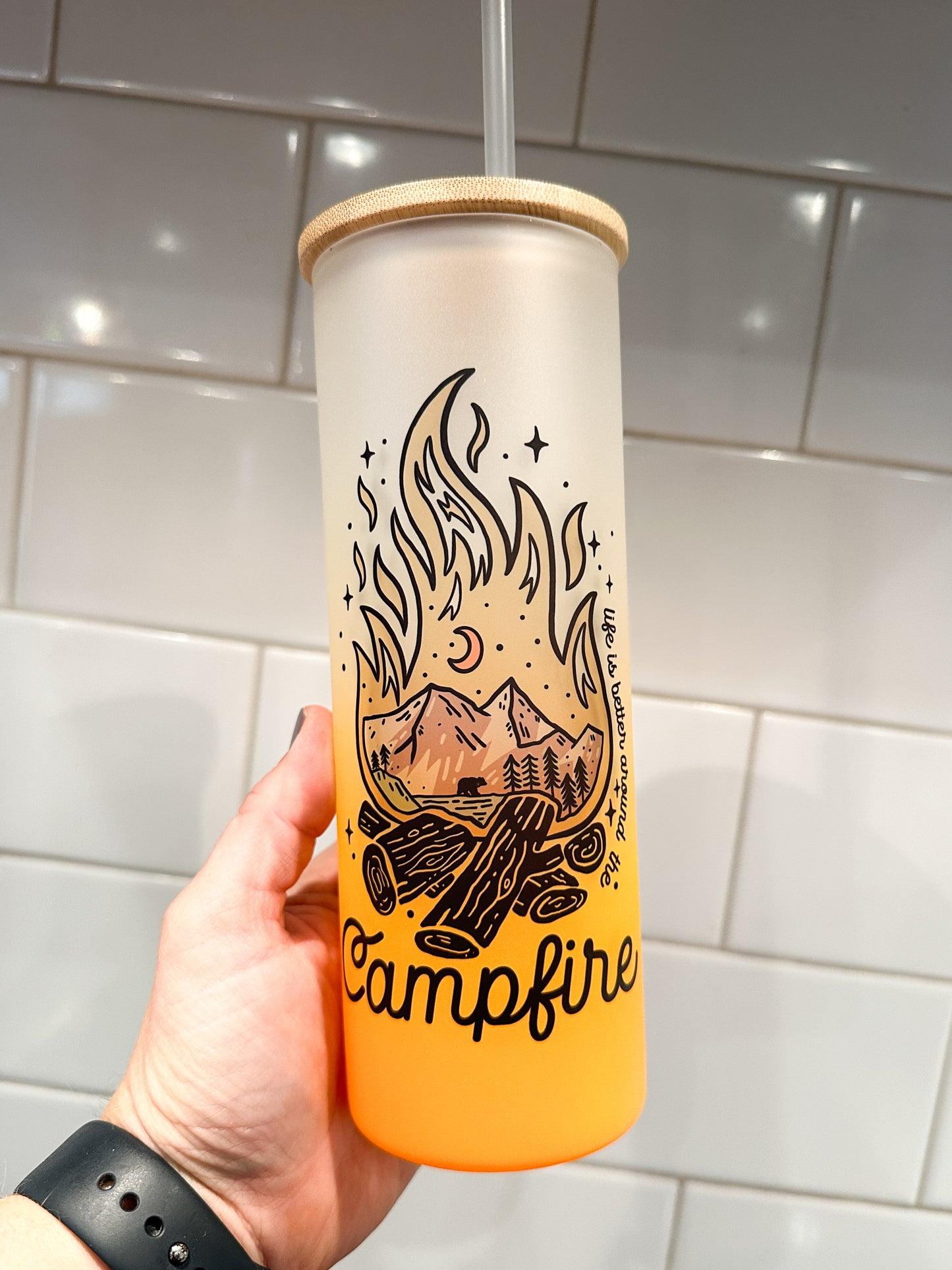 Life is Better Around the Campfire | 25 oz Glass Tumbler with Bamboo Lid | Frosted Orange Glass | Iced Coffee Loverr