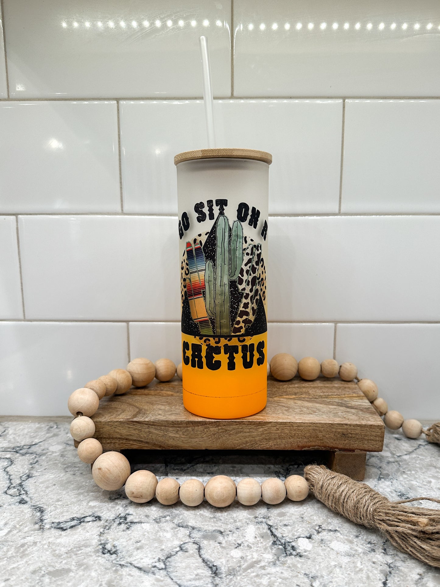 Go Sit On A Cactus | 25 oz Glass Tumbler with Bamboo Lid | Frosted Orange Glass | Iced Coffee Lover *B GRADE*