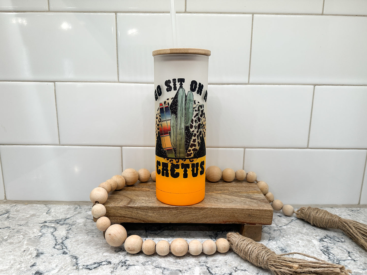 Go Sit On A Cactus | 25 oz Glass Tumbler with Bamboo Lid | Frosted Orange Glass | Iced Coffee Lover *B GRADE*