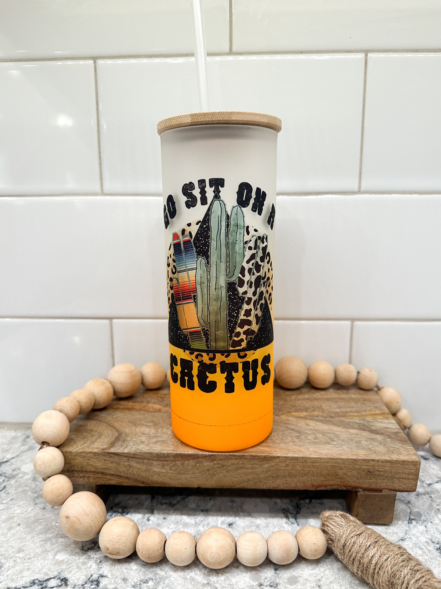 Go Sit On A Cactus | 25 oz Glass Tumbler with Bamboo Lid | Frosted Orange Glass | Iced Coffee Lover *B GRADE*