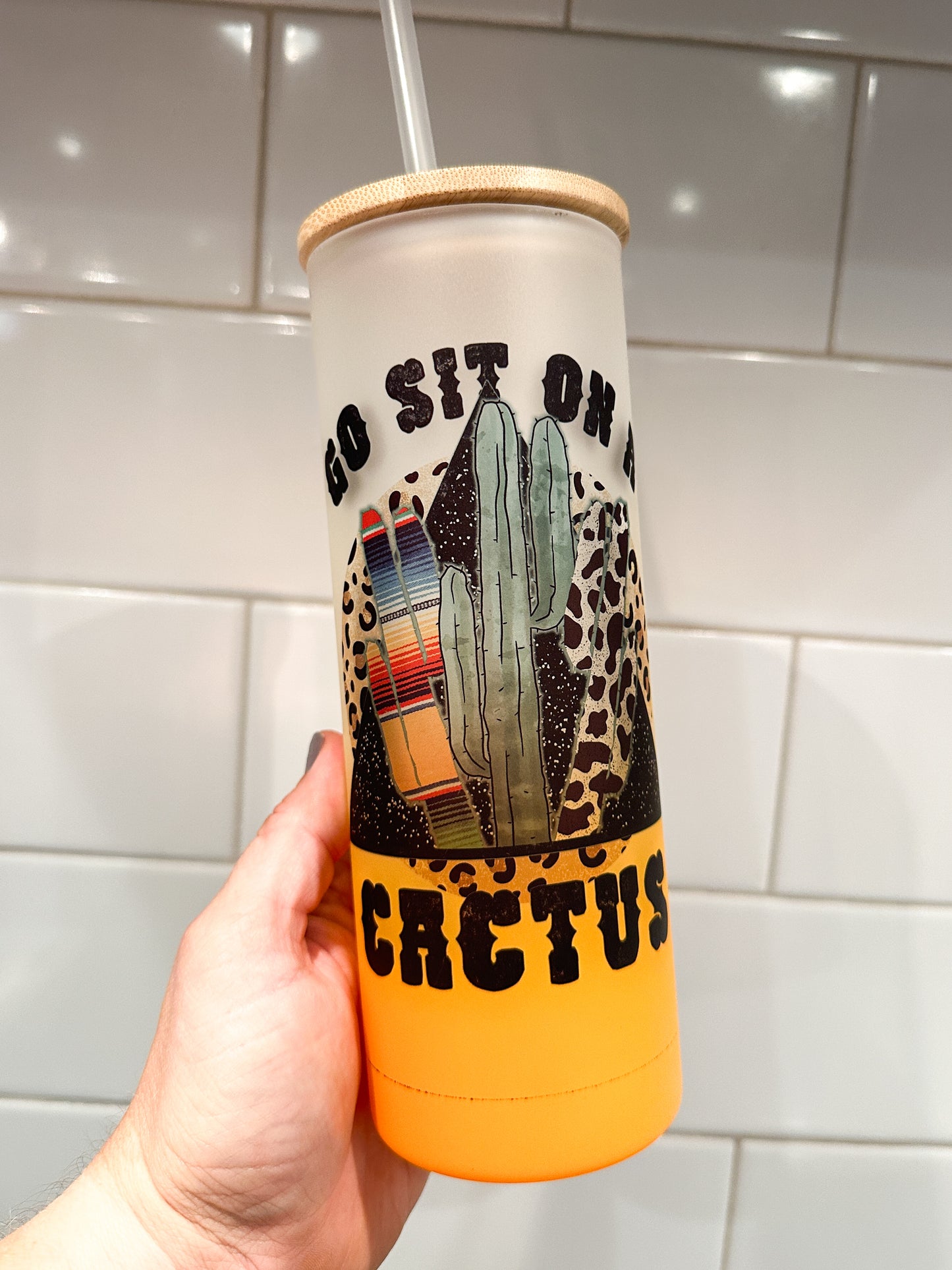 Go Sit On A Cactus | 25 oz Glass Tumbler with Bamboo Lid | Frosted Orange Glass | Iced Coffee Lover *B GRADE*