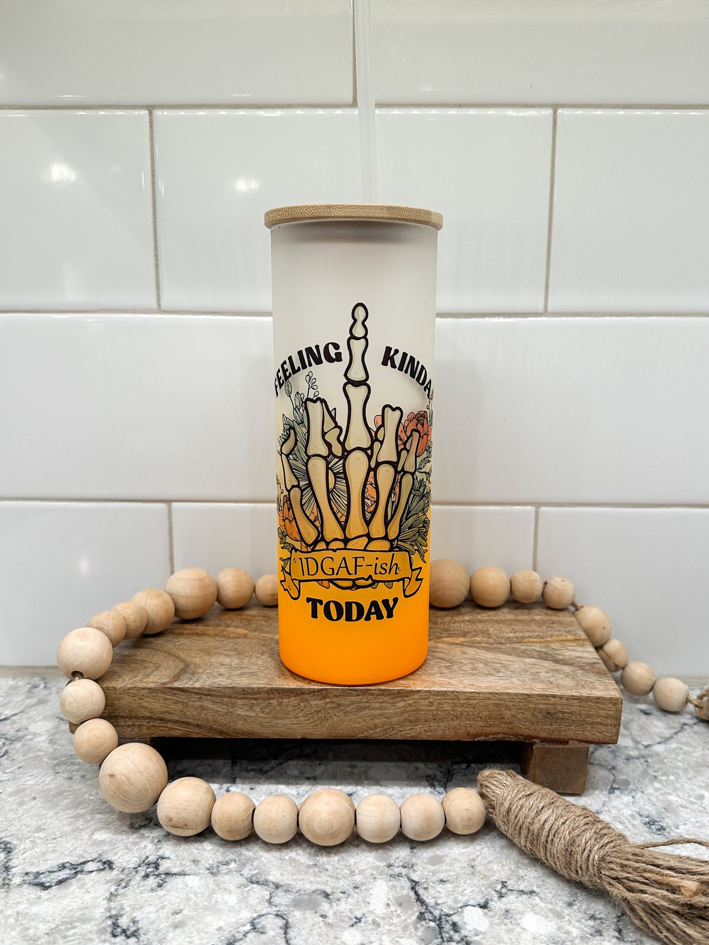 Feeling IDGAF-ish | 25 oz Glass Tumbler with Bamboo Lid | Frosted Orange Glass | Iced Coffee Lover