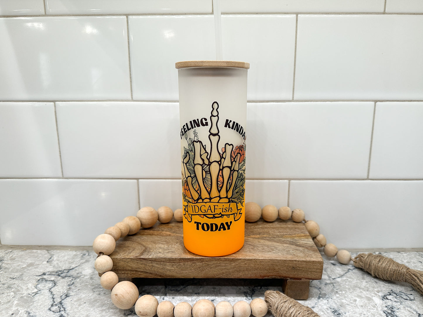 Feeling IDGAF-ish | 25 oz Glass Tumbler with Bamboo Lid | Frosted Orange Glass | Iced Coffee Lover