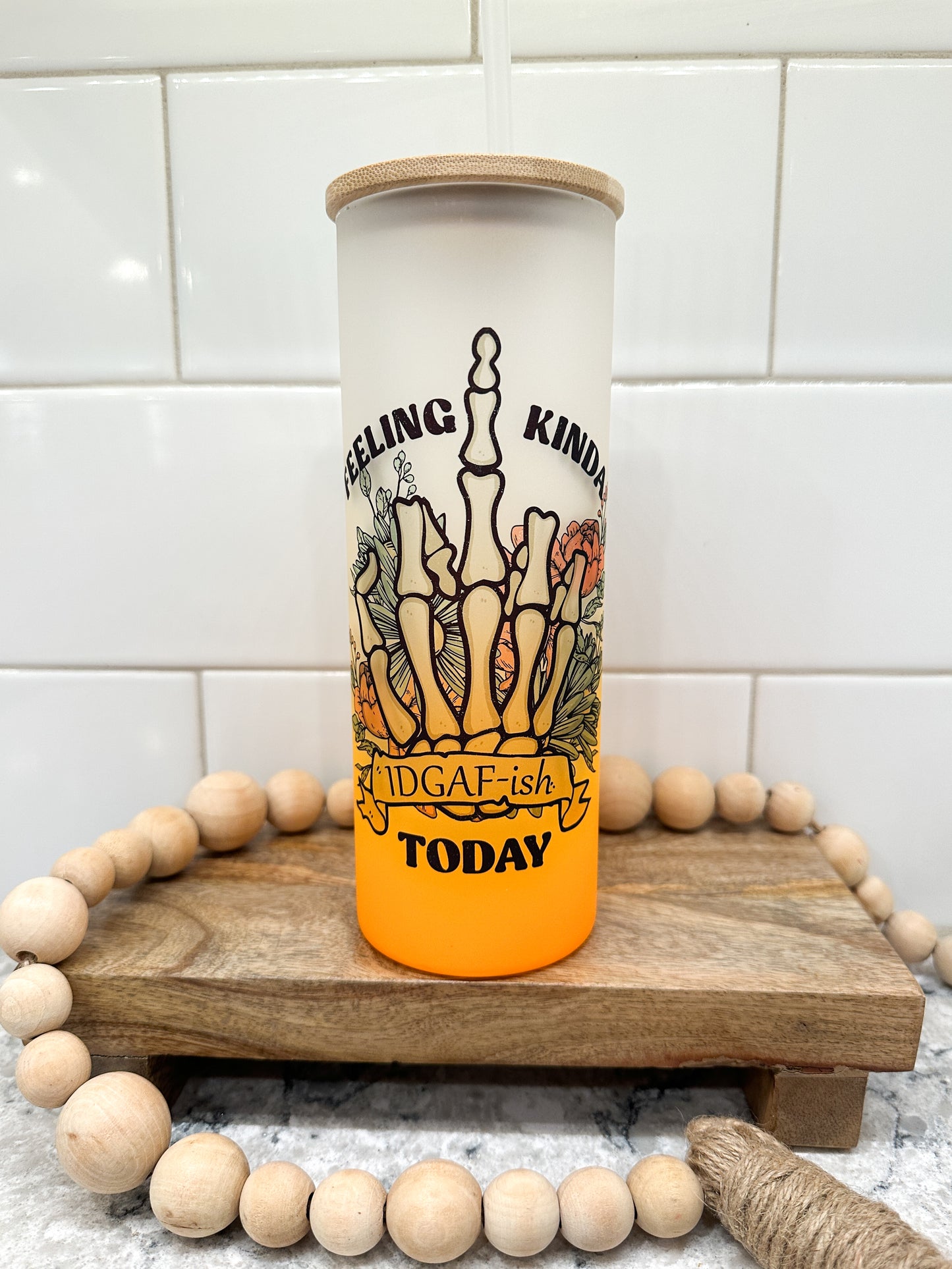 Feeling IDGAF-ish | 25 oz Glass Tumbler with Bamboo Lid | Frosted Orange Glass | Iced Coffee Lover