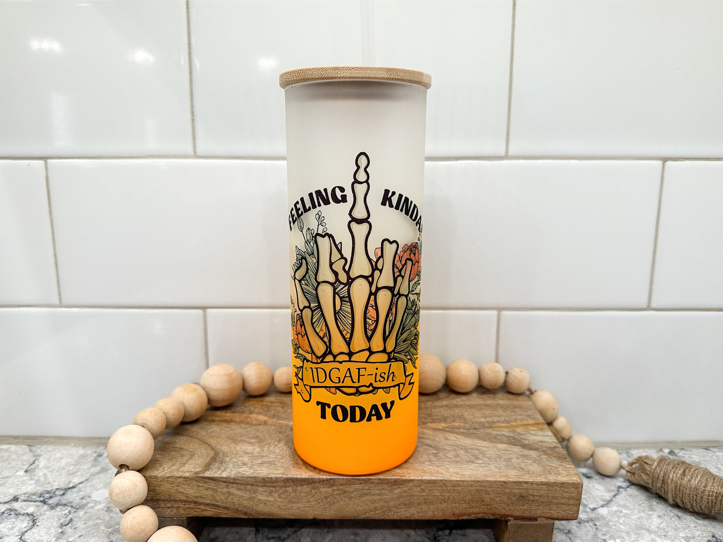Feeling IDGAF-ish | 25 oz Glass Tumbler with Bamboo Lid | Frosted Orange Glass | Iced Coffee Lover